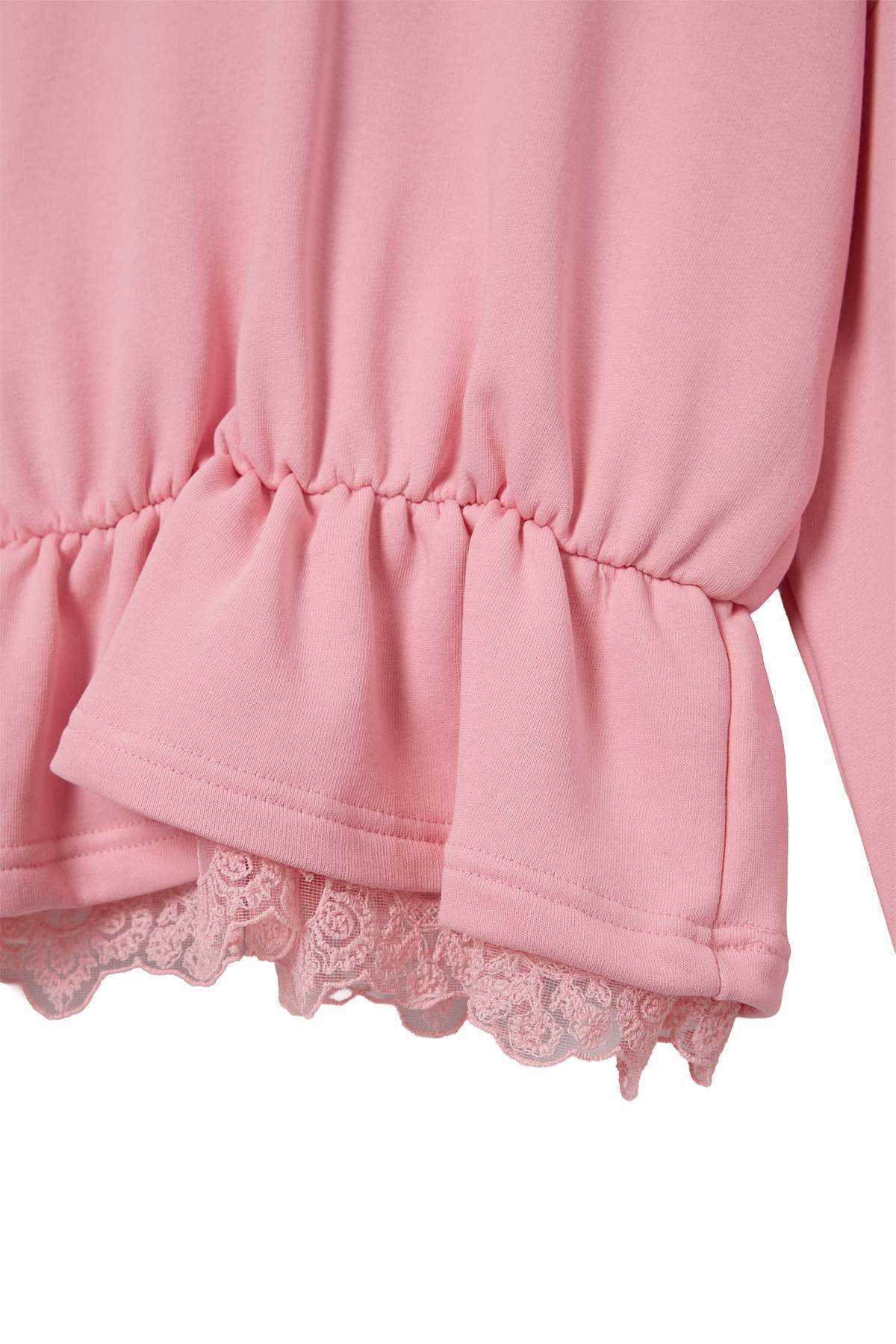 Peplum Lace Detail Hooded Long Sleeve Knit Sweatshirt