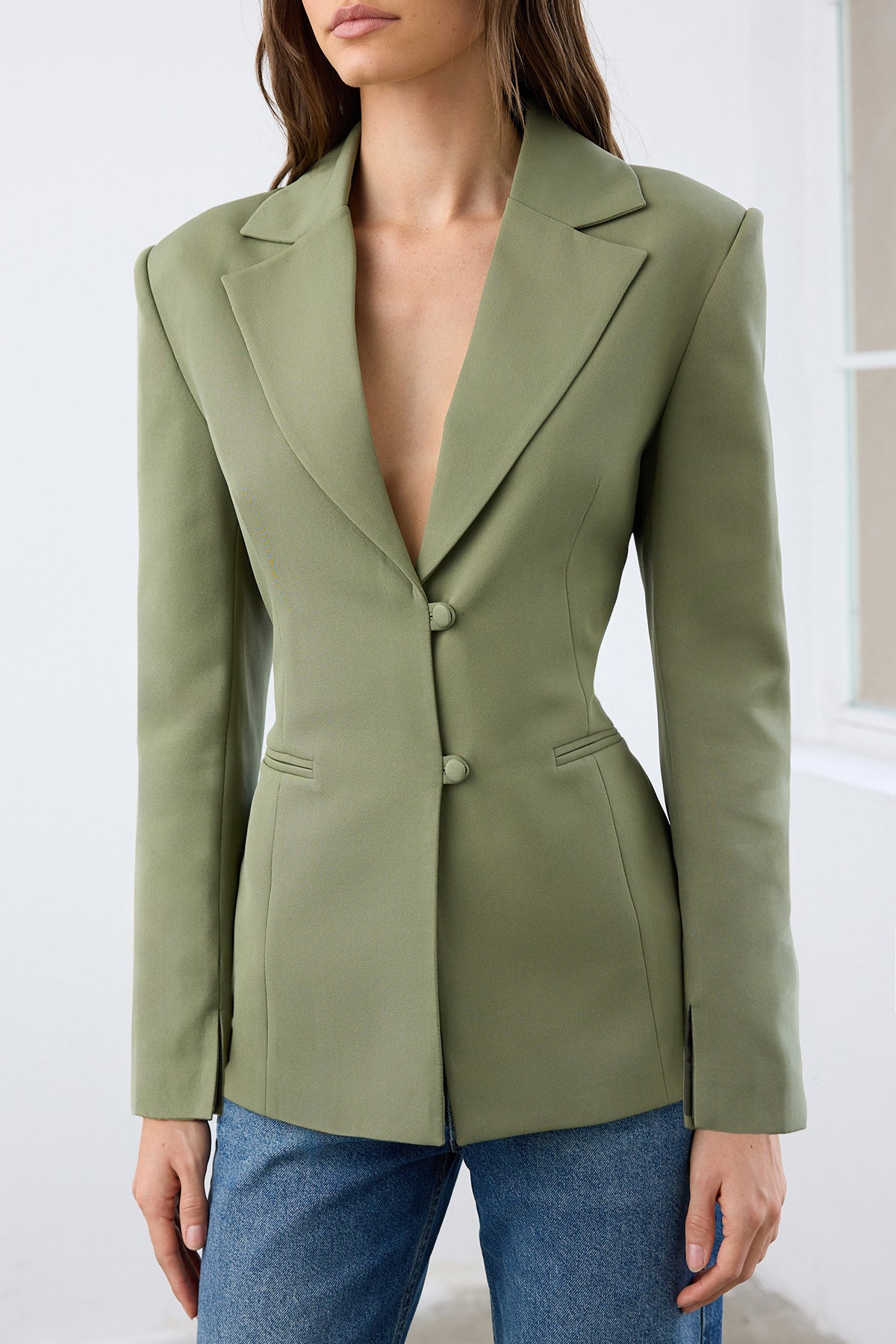 Back Tie Detail Fitted Woven Blazer Jacket
