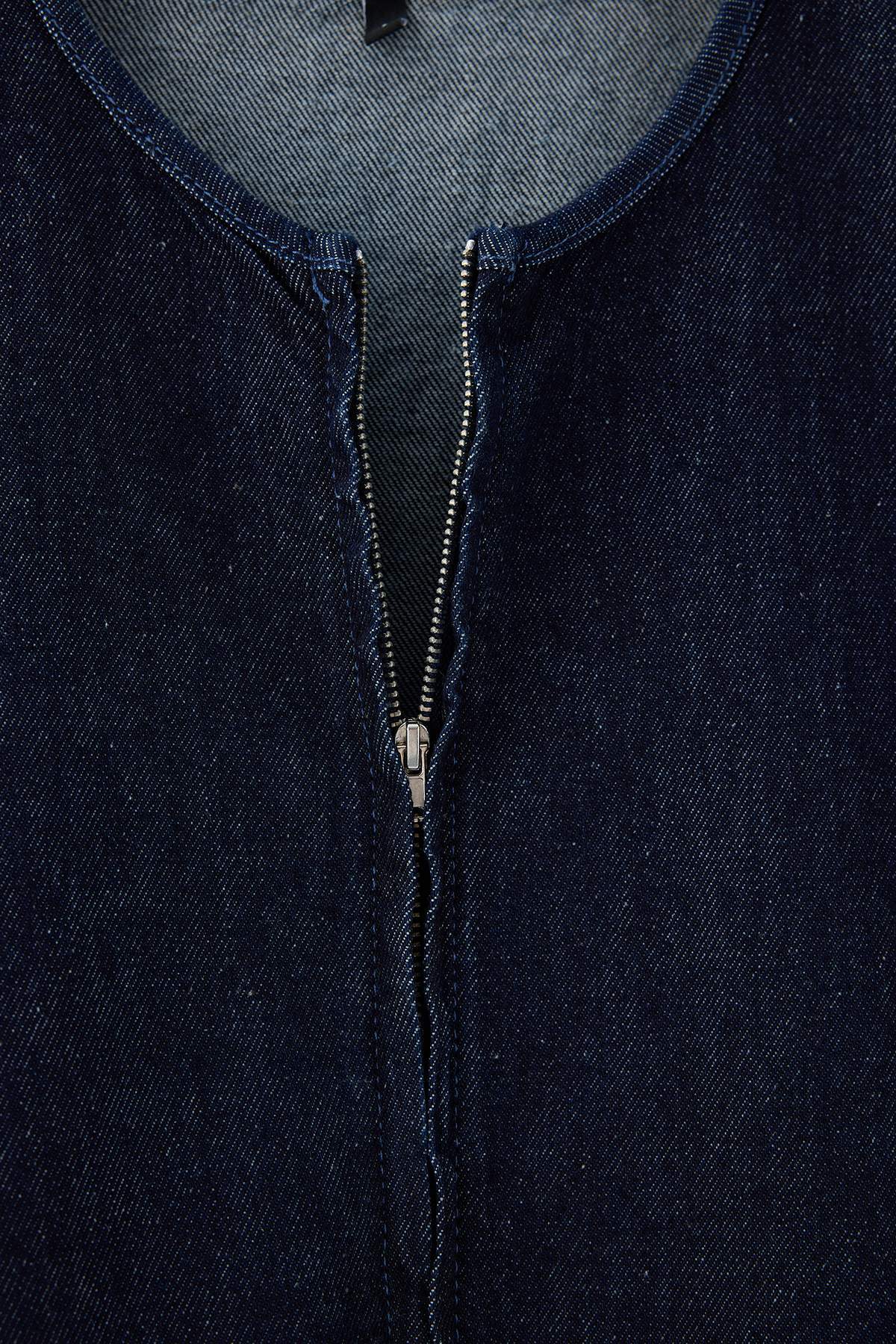 Crew Neck Drawstring Waist Denim Jacket