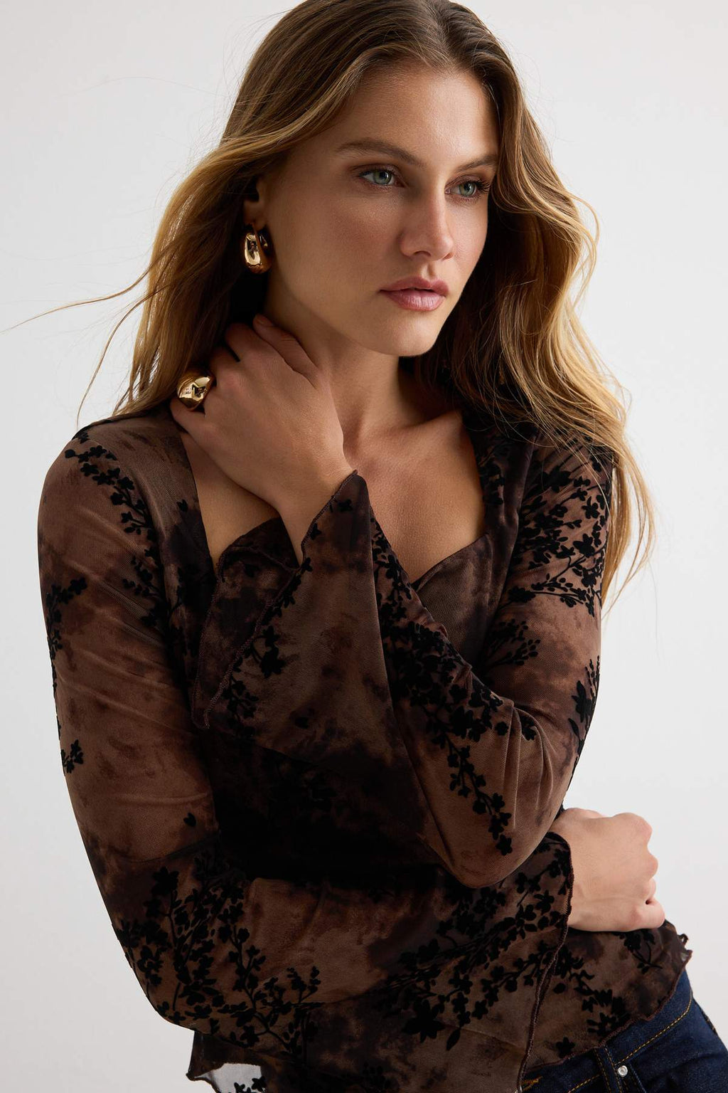 Square Neck Spanish Sleeve Fitted Mesh Blouse