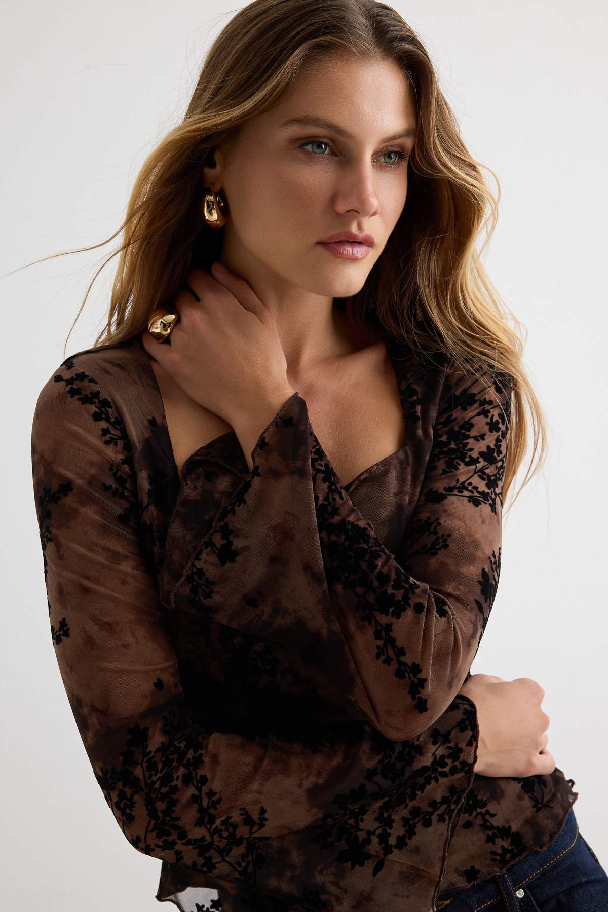 Square Neck Spanish Sleeve Fitted Mesh Blouse