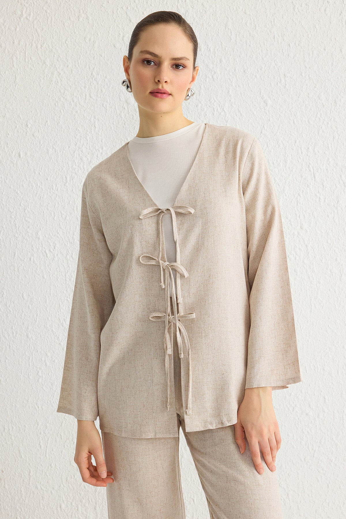 2-Piece Linen Look Tie Detail Top and Wide Leg Trouser Co-ord Set