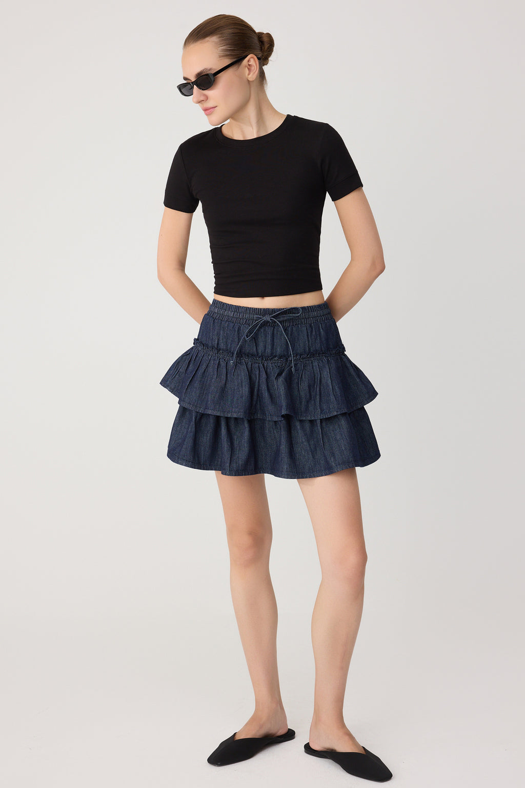 High Waist Elasticated Waist Denim Skort