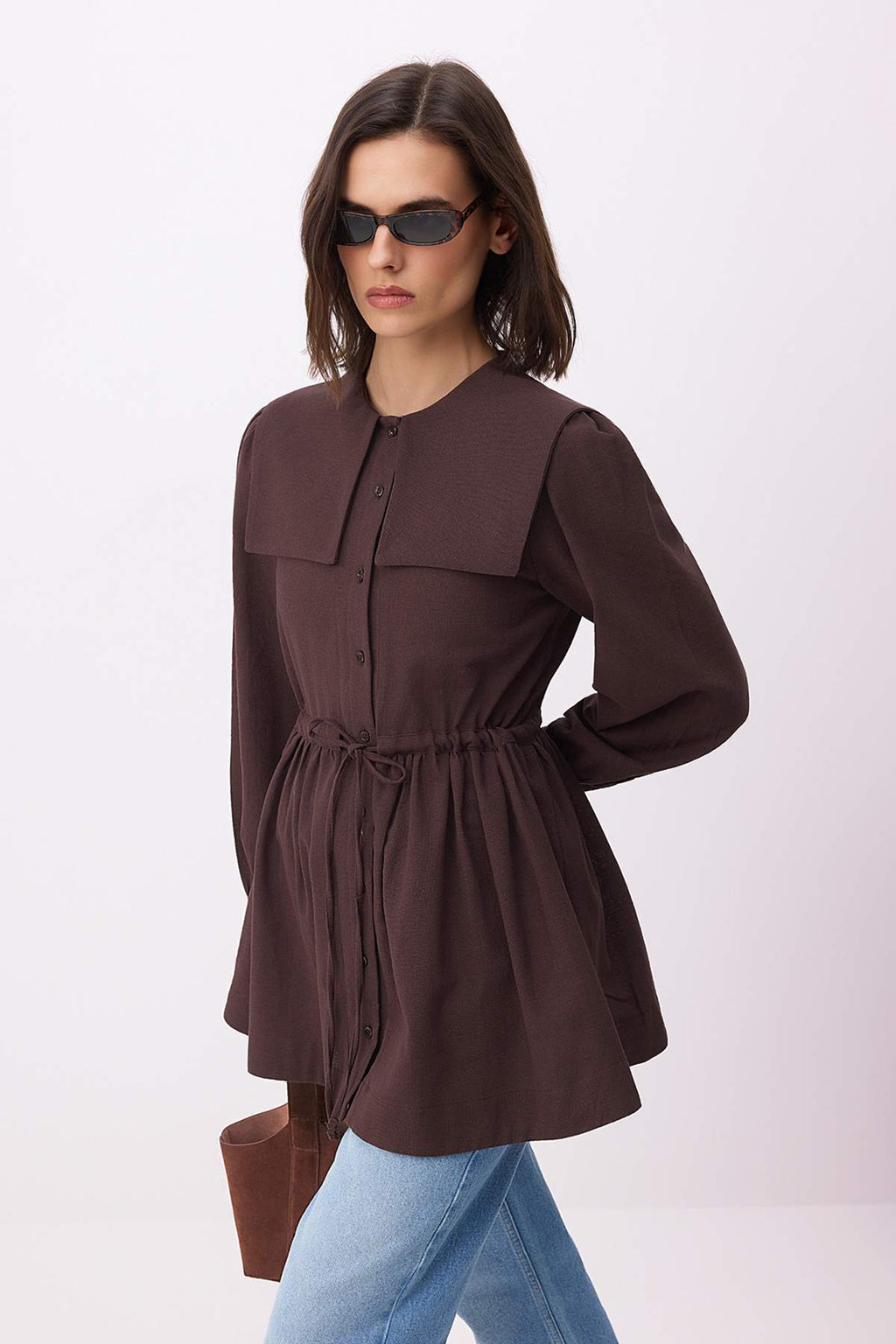 Bebe Collar Long Sleeve Belted Oversize Shirt