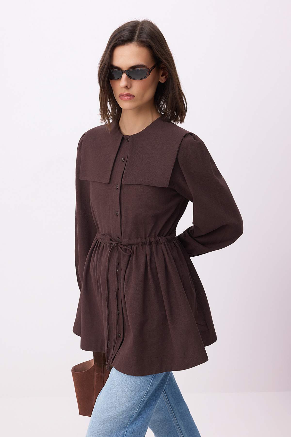 Bebe Collar Long Sleeve Belted Oversize Shirt