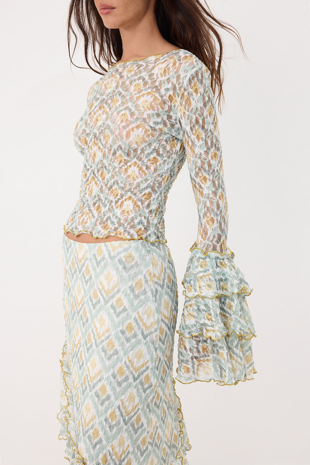 Fitted Crop Ruffle Sleeve Lace Blouse