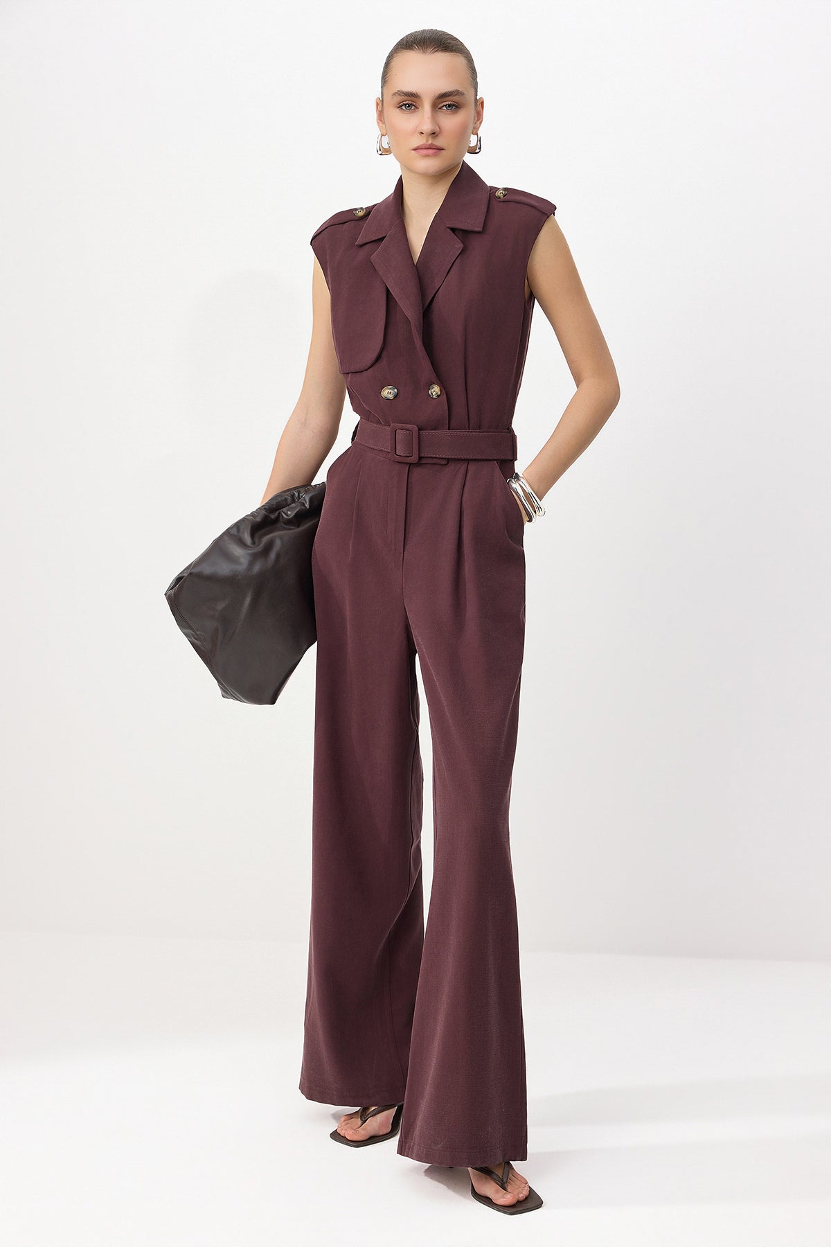 Belted Wide Leg Sleeveless Collar Jumpsuit