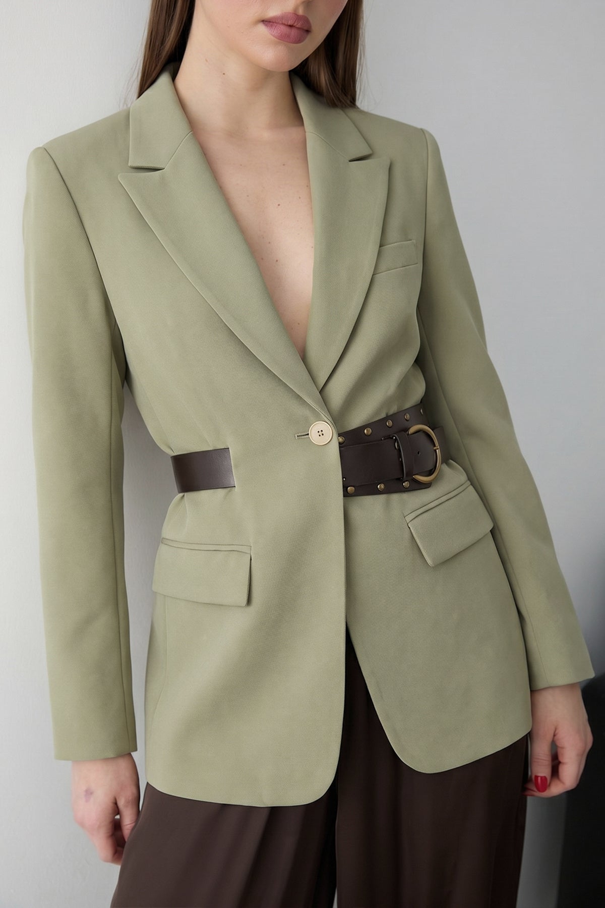 Belted Fitted Long Sleeve Blazer Jacket