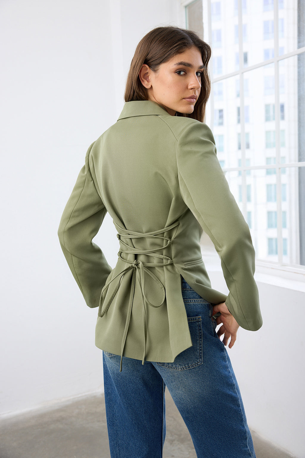 Back Tie Detail Fitted Woven Blazer Jacket