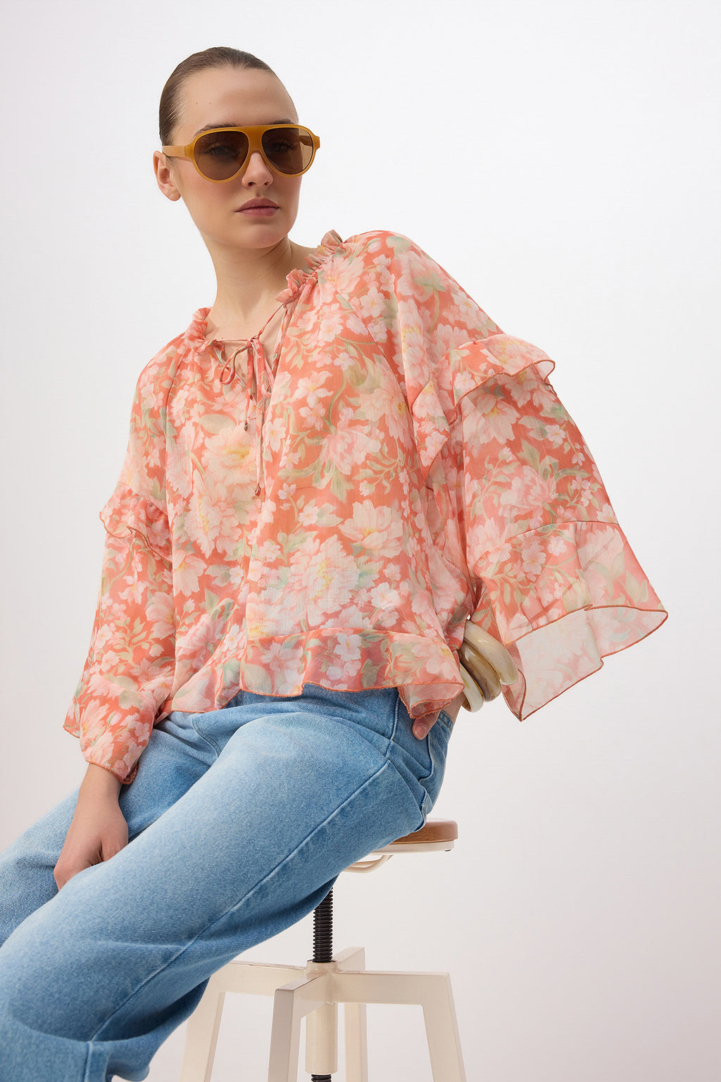 V Neck Raglan Sleeve Frill Detail Sheer Blouse