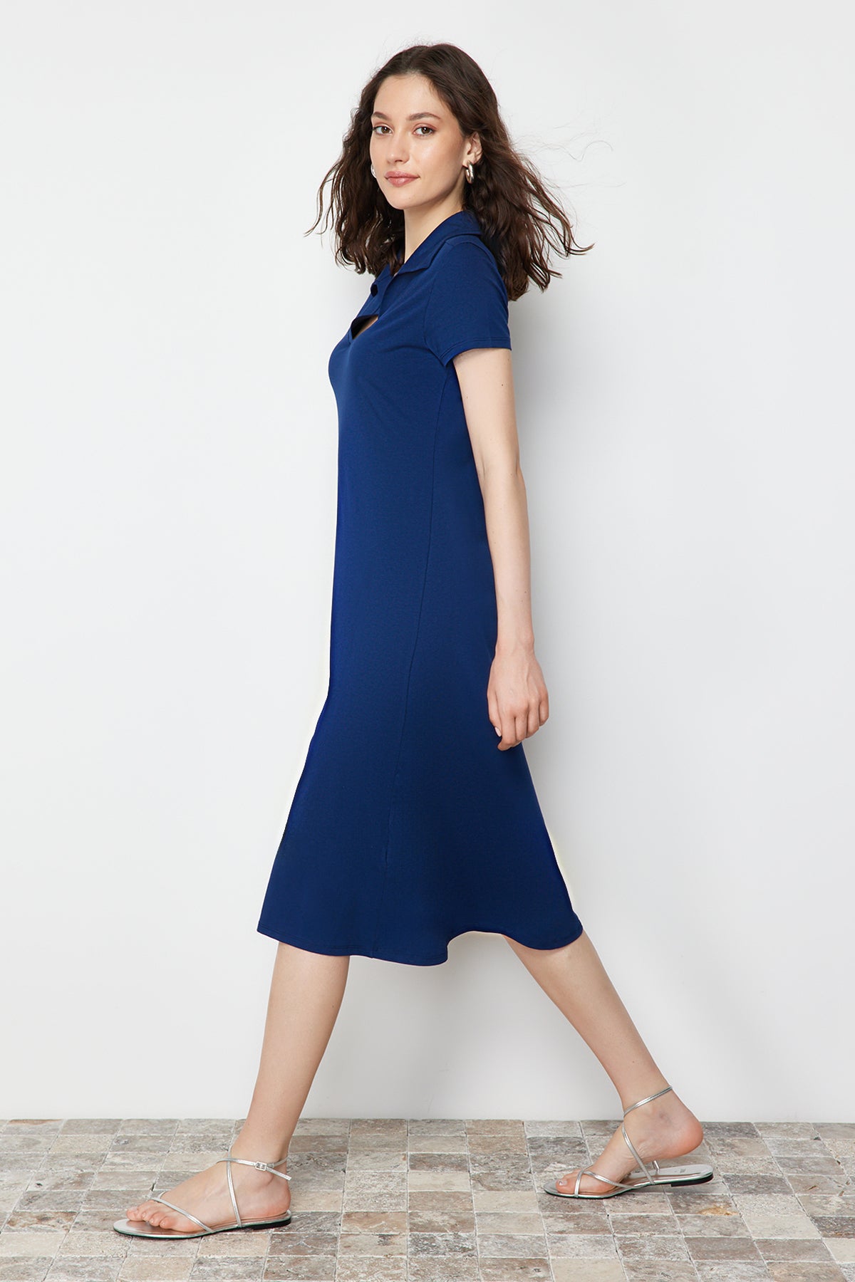 Polo Neck Short Sleeve Skater Midi Dress