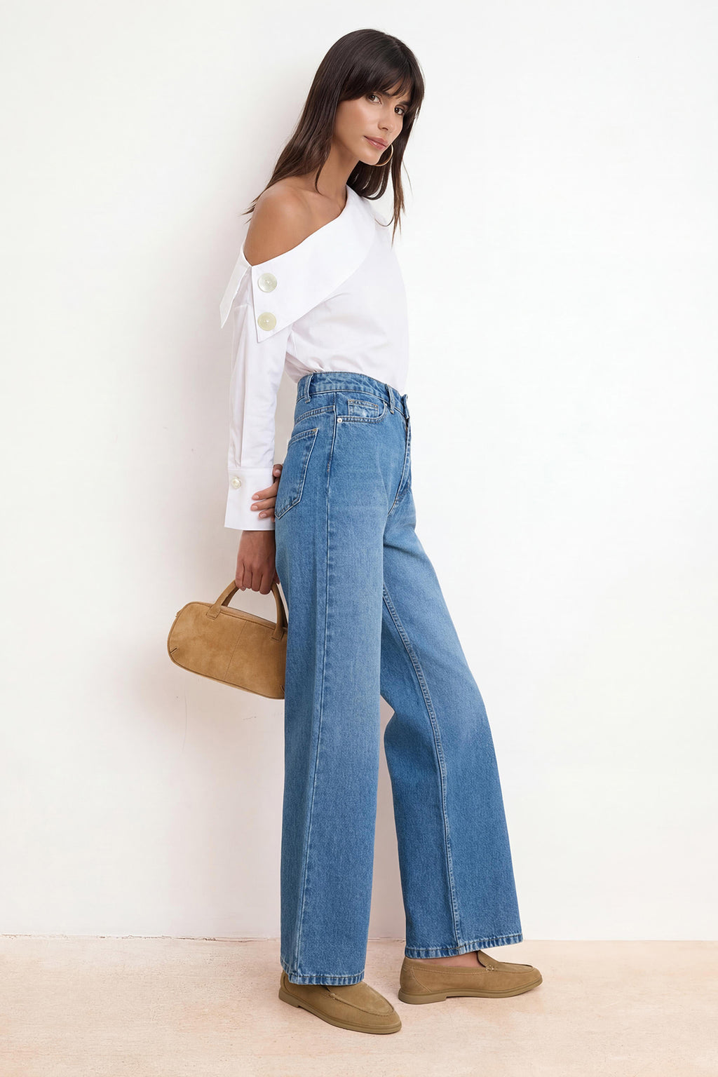 Asymmetric Neck Long Sleeve Woven Blouse