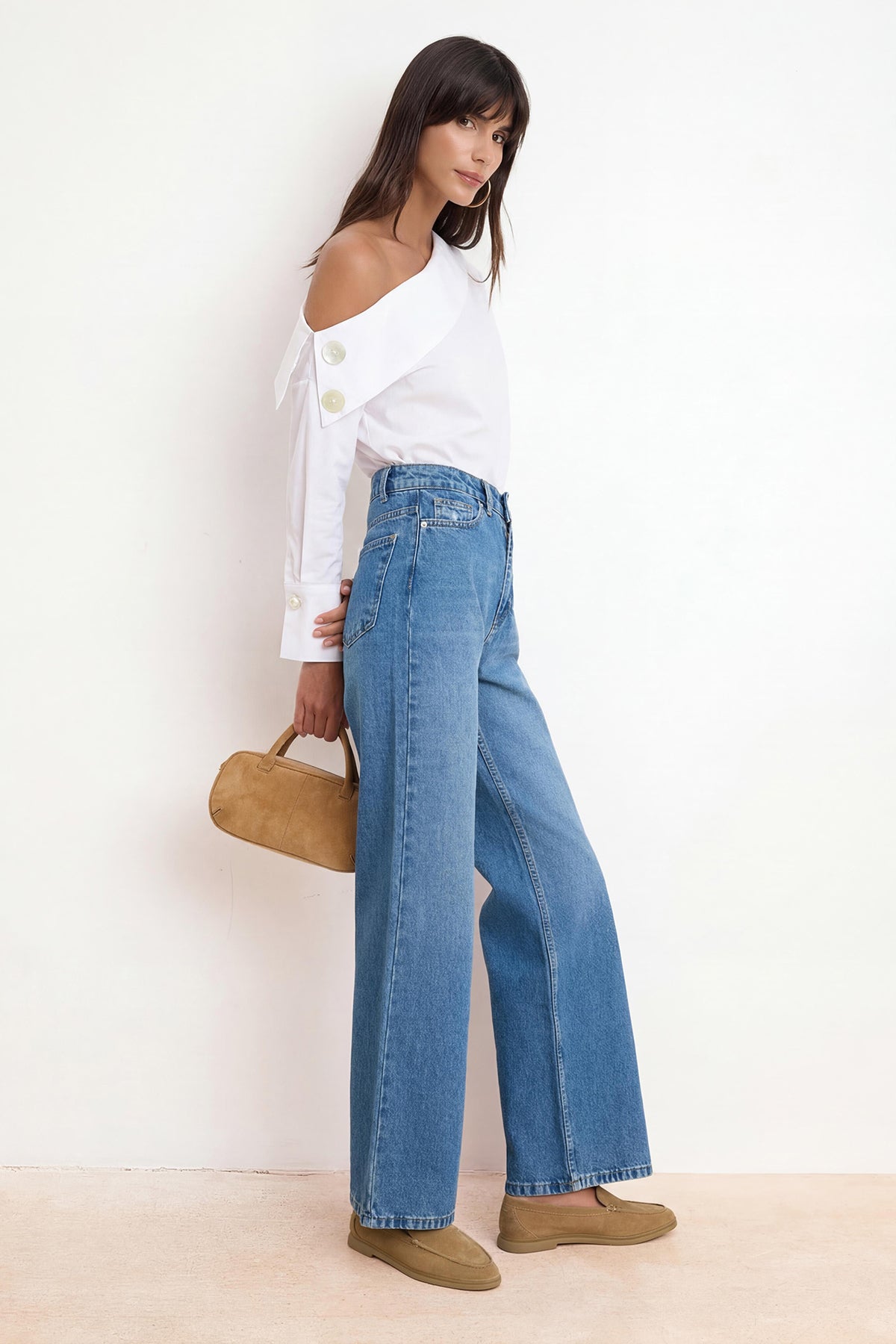 Asymmetric Neck Long Sleeve Woven Blouse