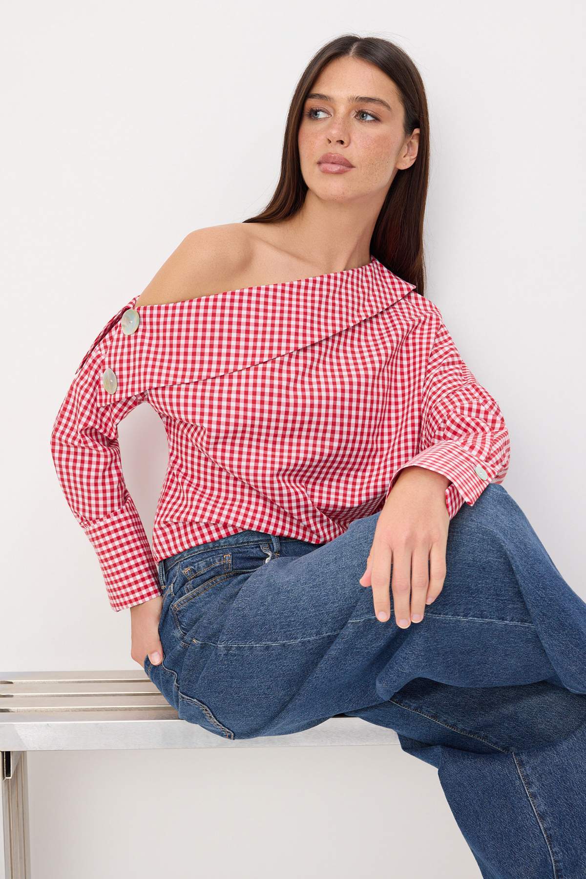 Asymmetric Neck Long Sleeve Woven Blouse