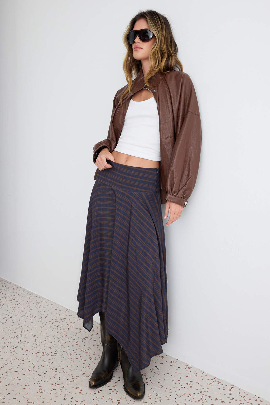 High Waist Asymmetric Hem Midi Skirt