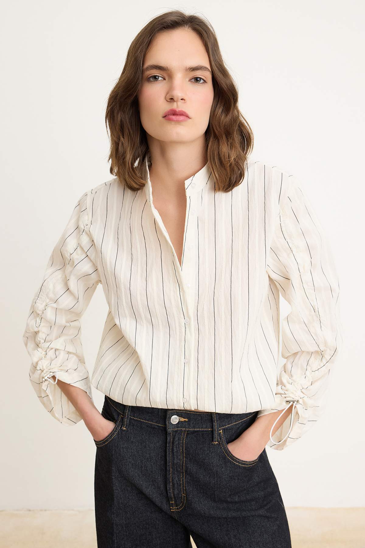 Relaxed Fit Long Sleeve Gathered Detail Shirt