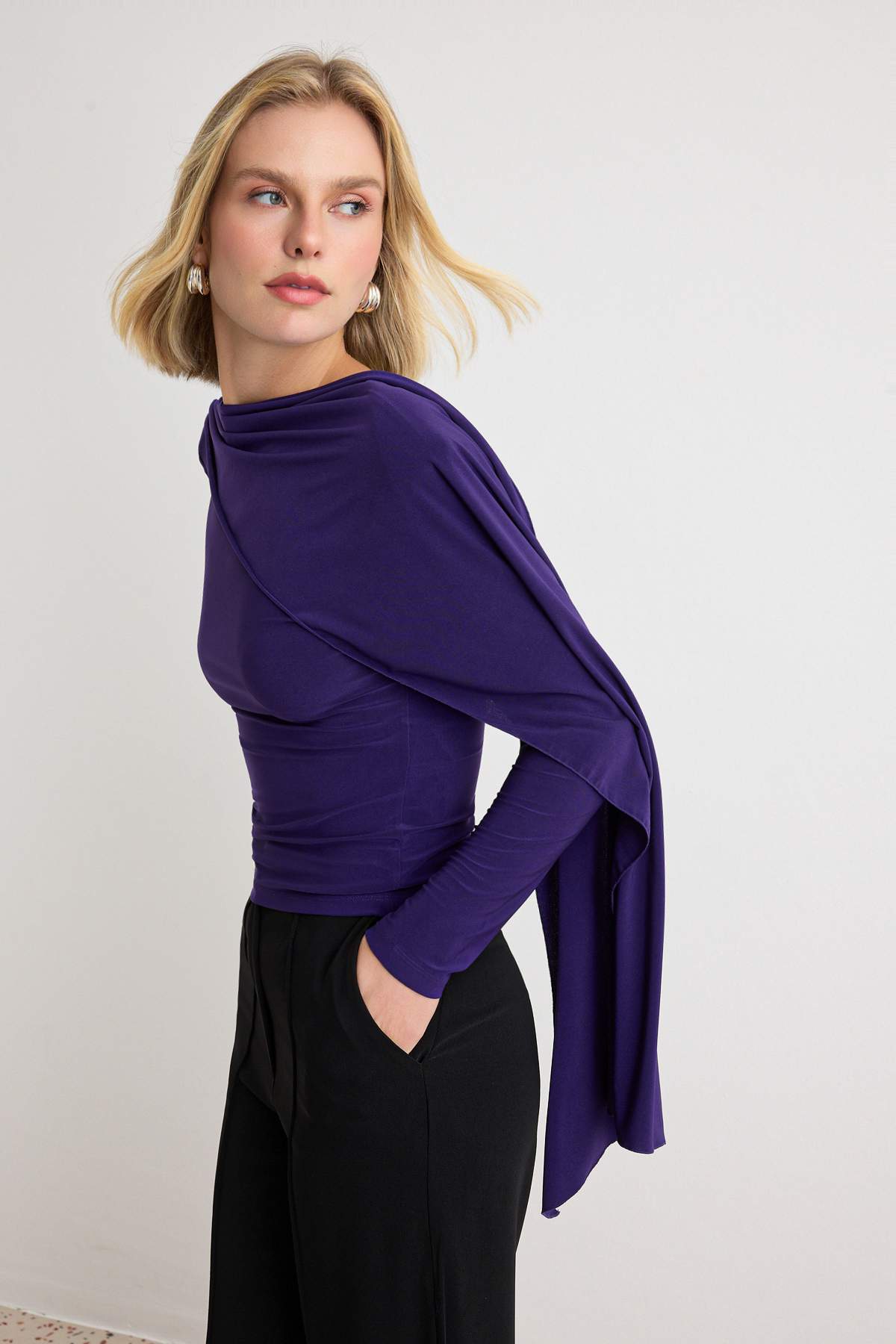 Fitted Boat Neck Cape Detail Long Sleeve Blouse