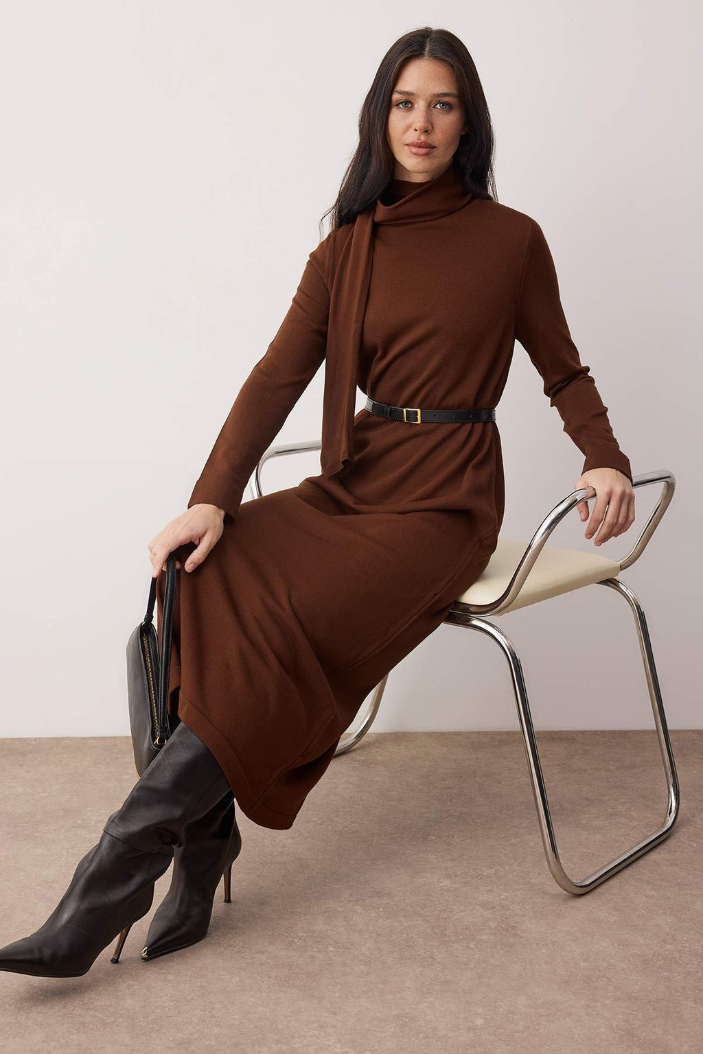 Shawl Collar Leather Belt Detail Long Sleeve Knit Maxi Dress