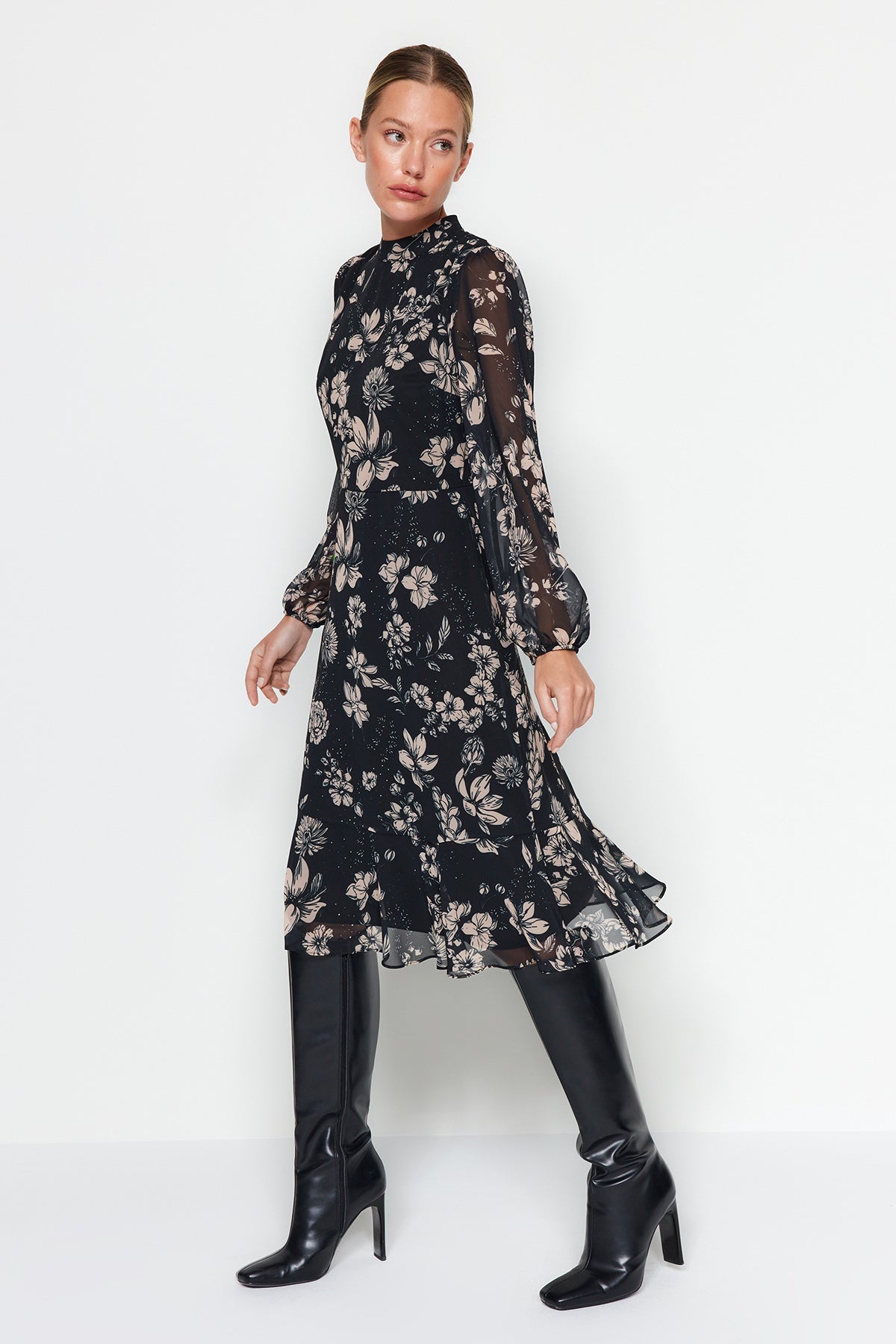 High Neck Long Sleeve Tiered Midi Dress