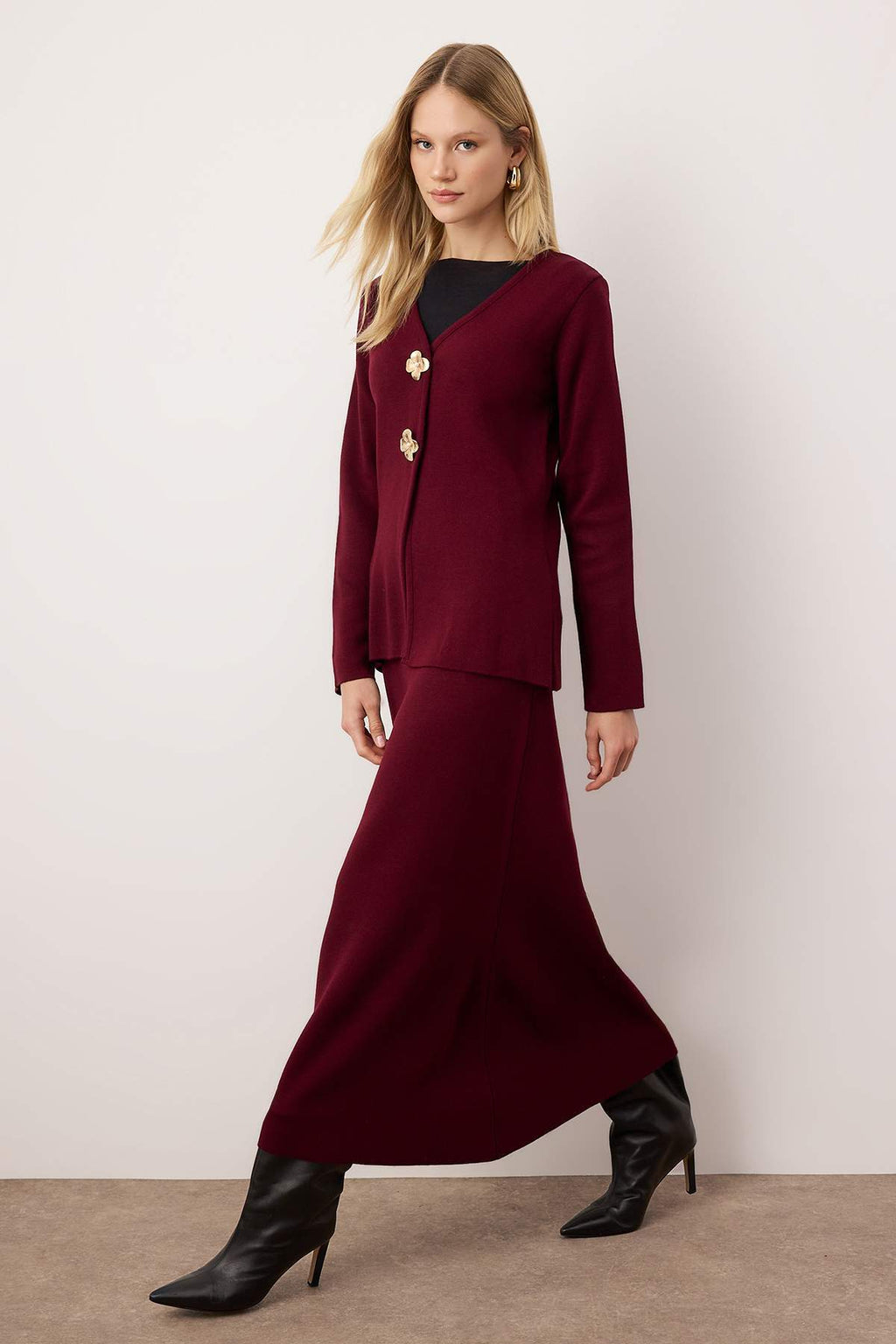 2-Piece Gold Button Detail V Neck Knitted Cardigan and Skirt Co-ord