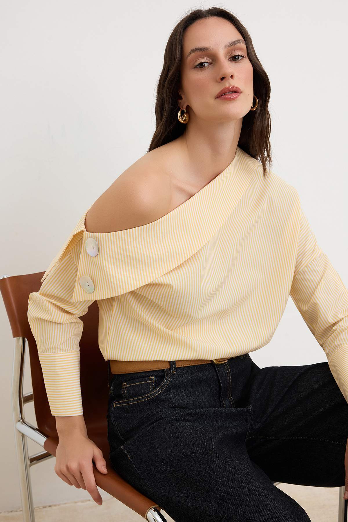 Asymmetric Neck Long Sleeve Woven Blouse