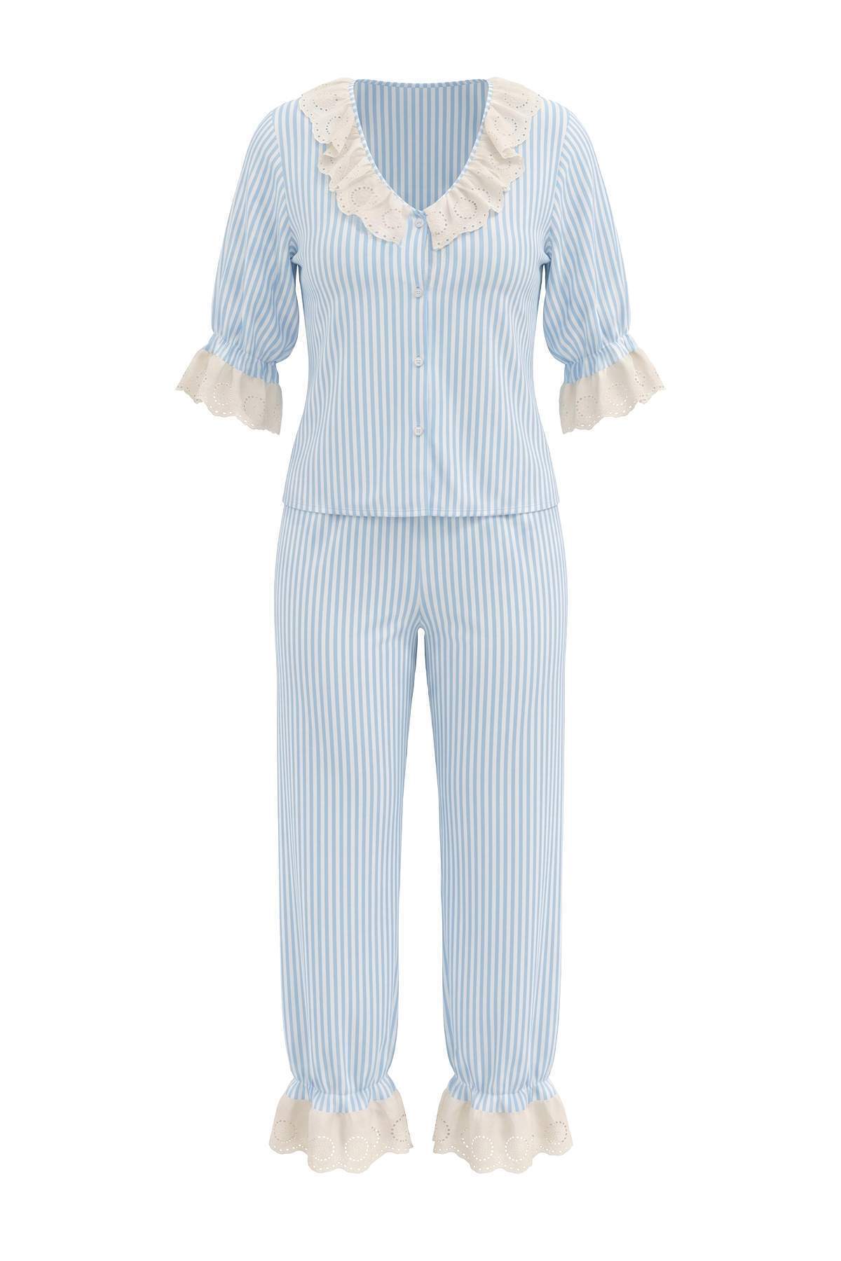 V Neck Balloon Sleeve Viscose Pyjama Set