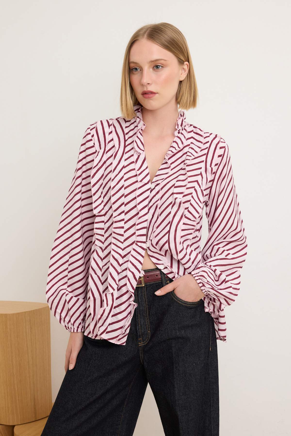 V Neck Long Sleeve Frill Detail Woven Shirt