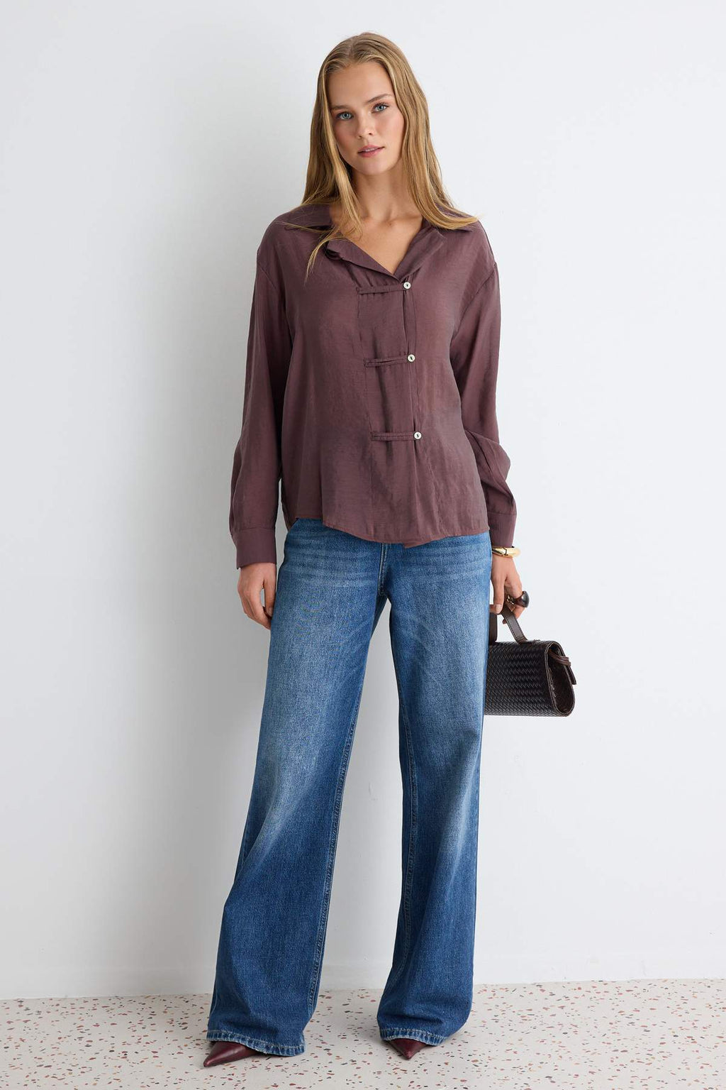 Relaxed Fit Long Sleeve Shirt with Tie Detail