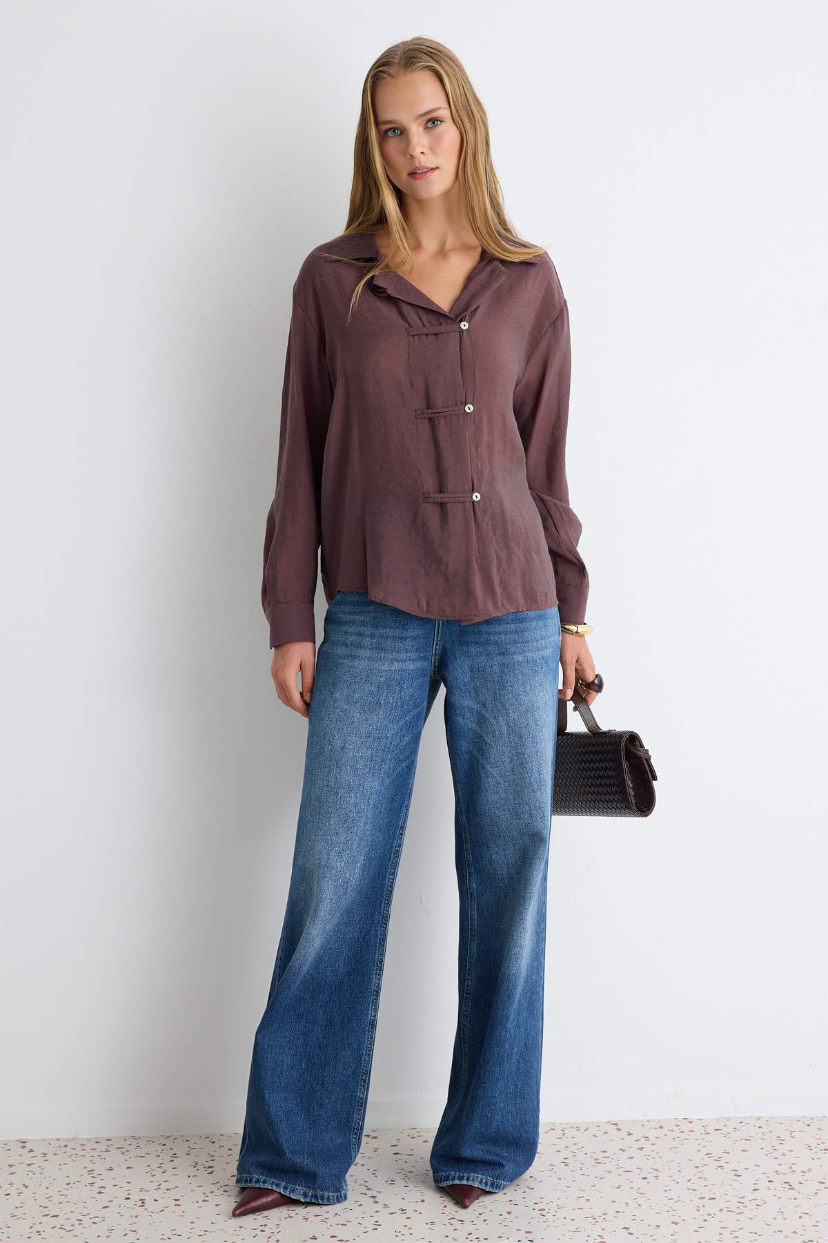 Relaxed Fit Long Sleeve Shirt with Tie Detail