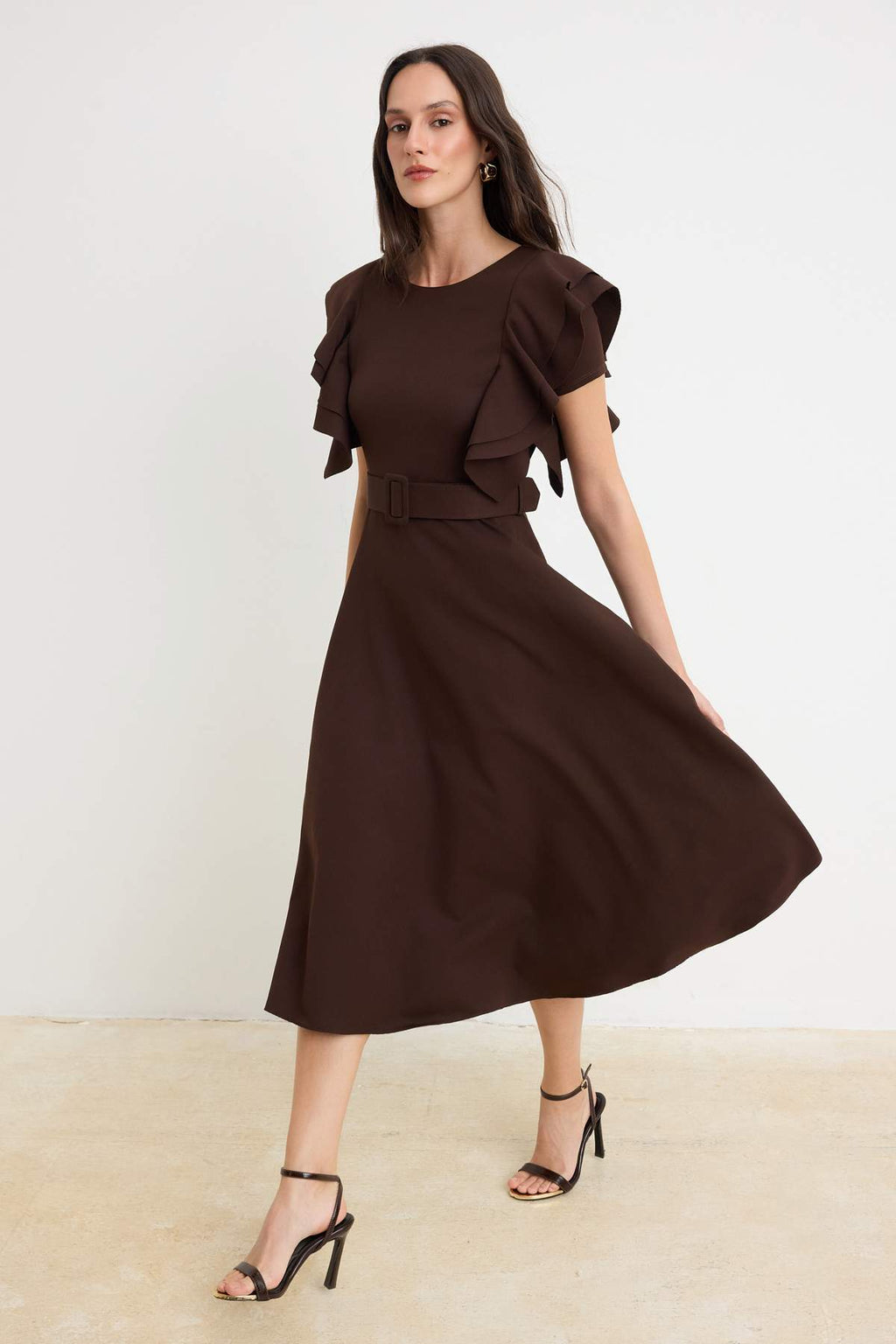 Belted Balloon Sleeve Midi Skater Dress