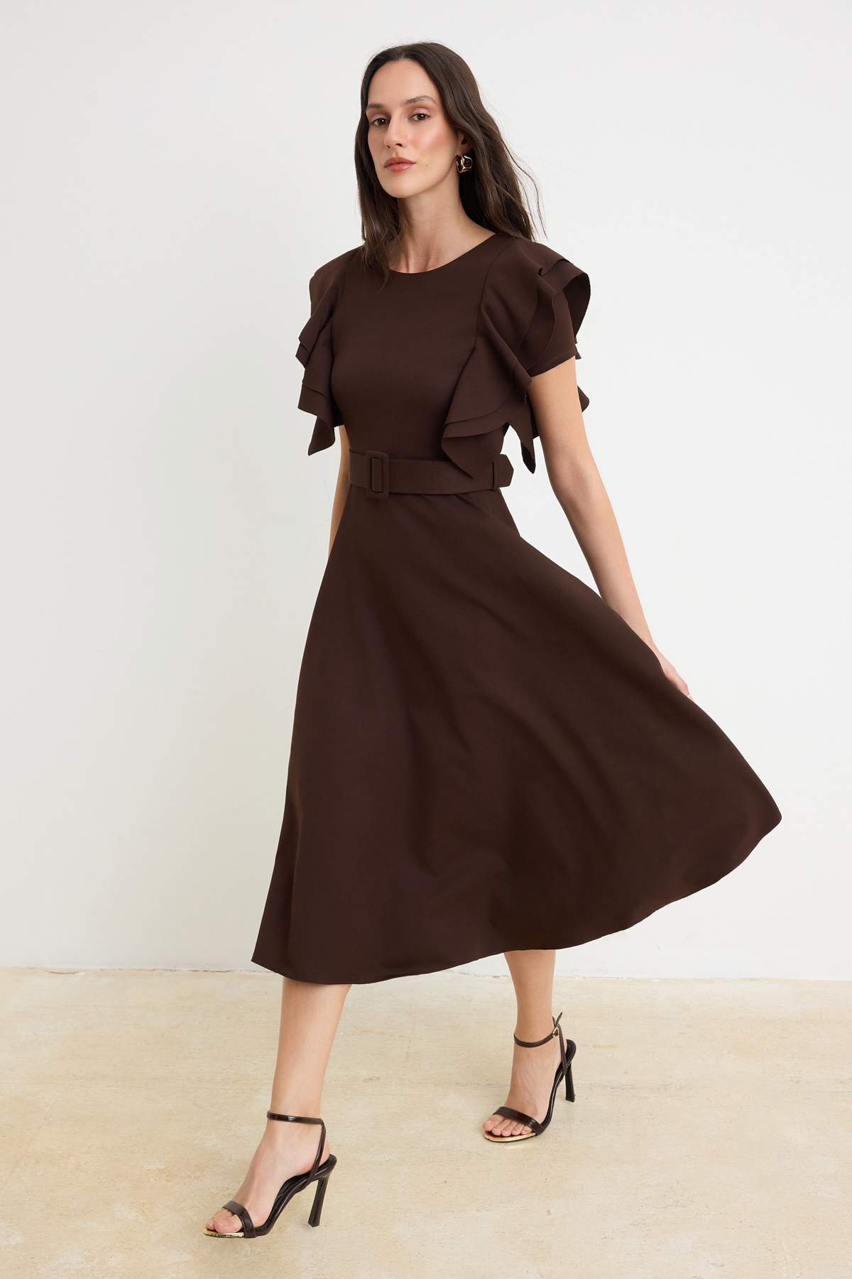 Belted Balloon Sleeve Midi Skater Dress