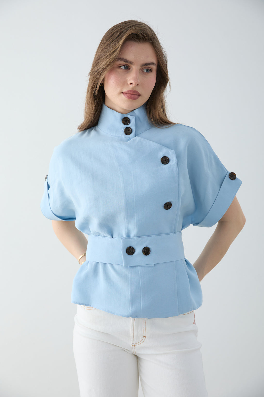 Lyocell Blend Short Sleeve Relaxed Fit Blouse Jacket