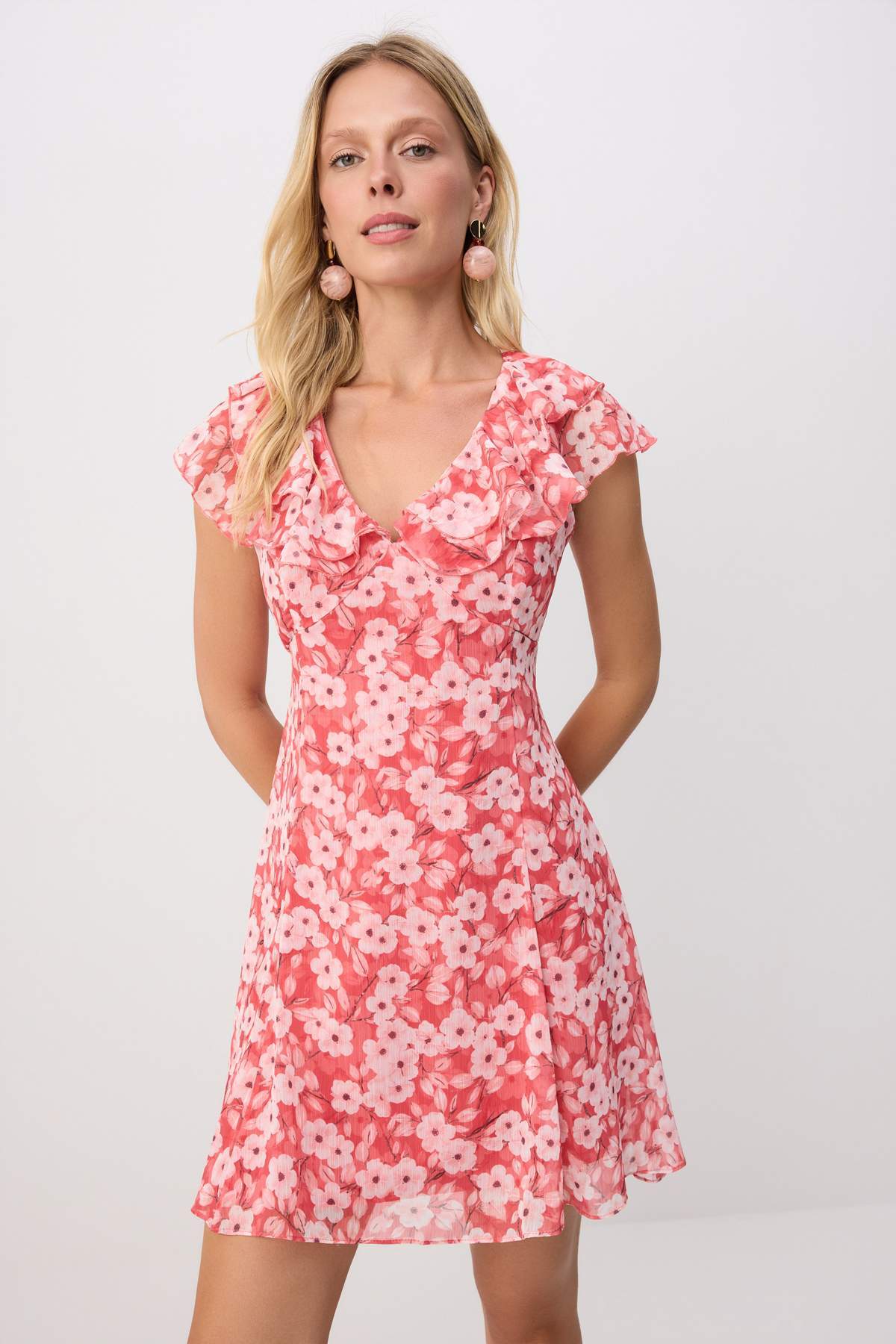 V Neck Puff Sleeve A-Line Mini Dress