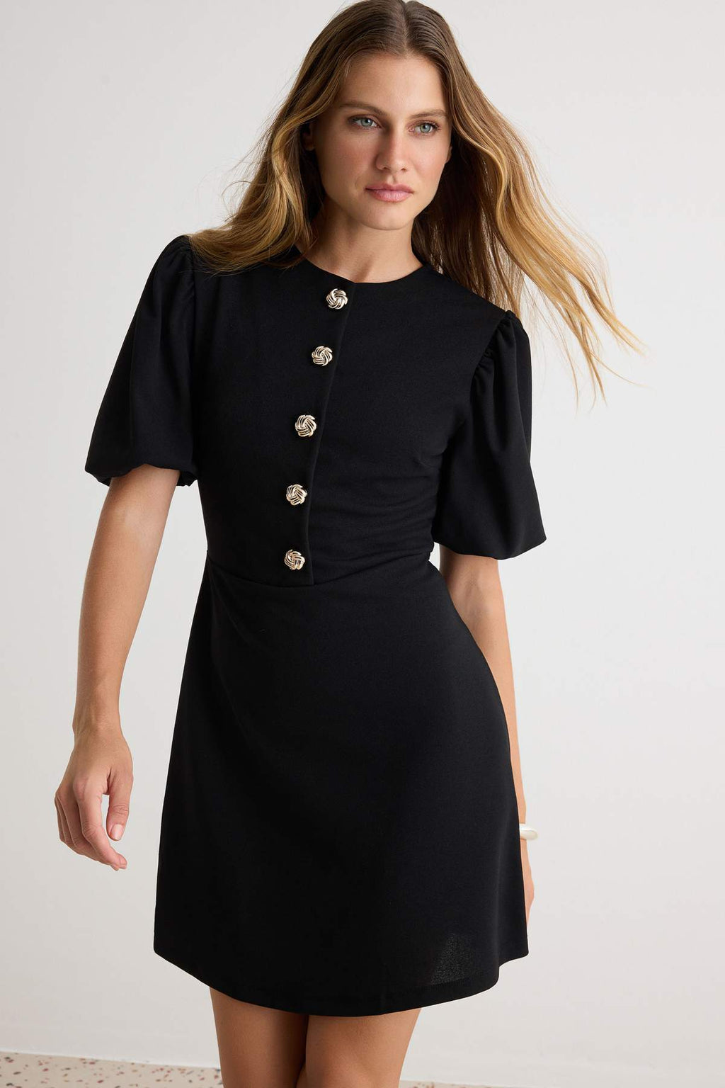 A-Line Balloon Sleeve Button Front Mini Dress