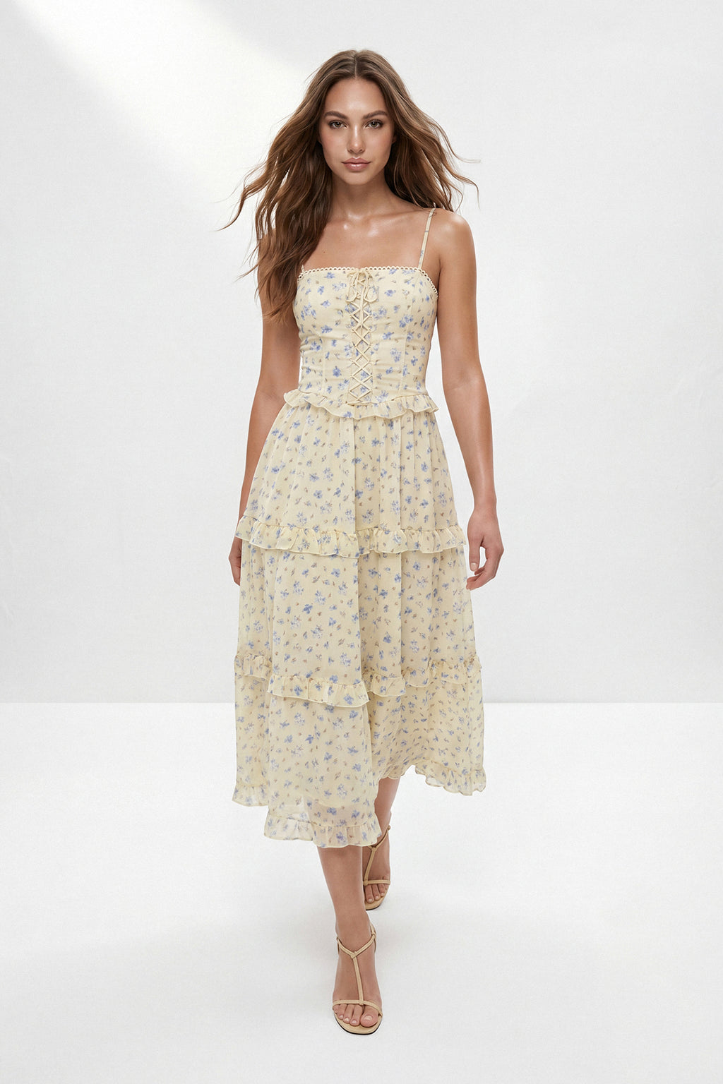 Square Neck Thin Strap Ruffle Detail Fit and Flare Maxi Dress