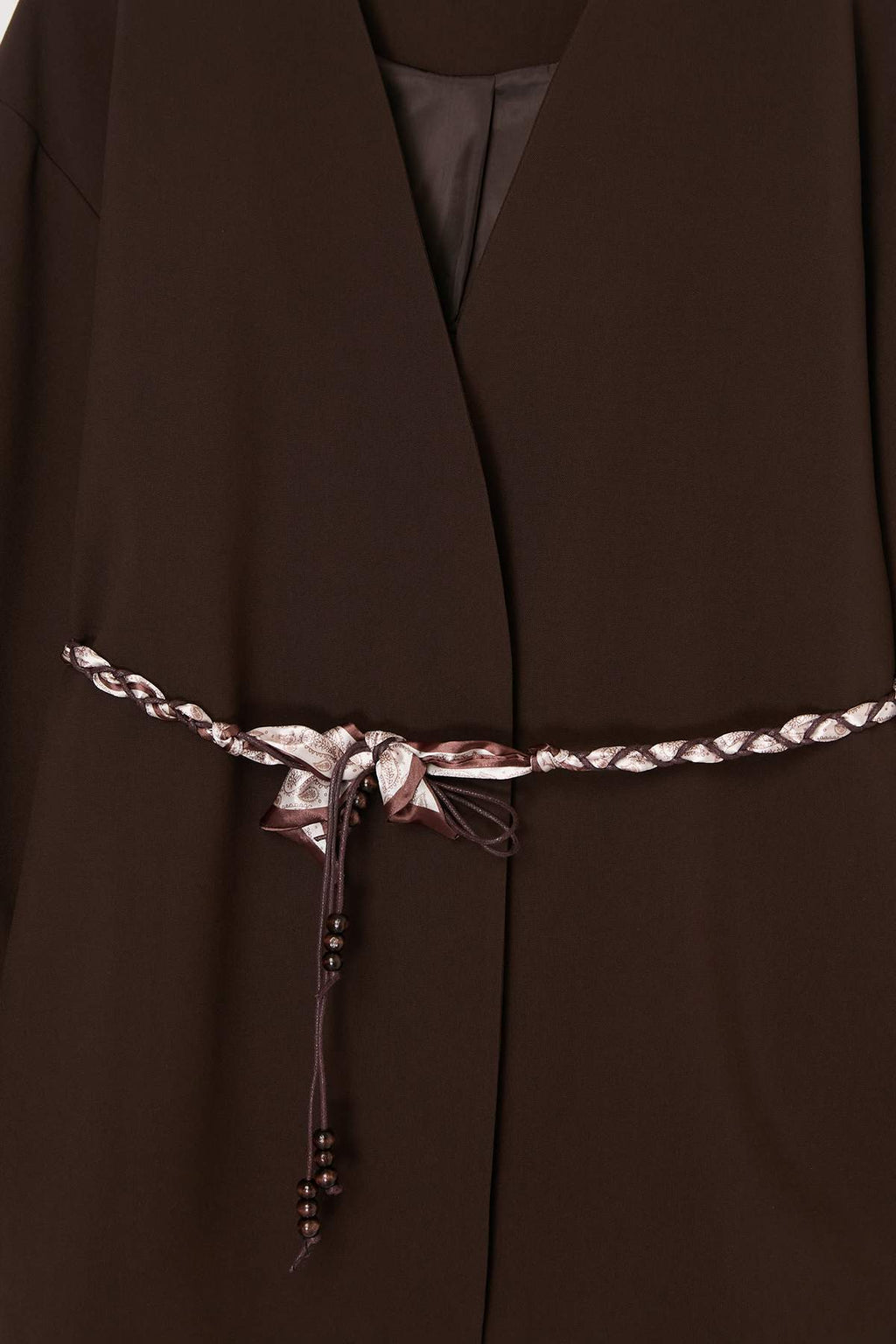 Collarless Belted Relaxed Fit Long Sleeve Jacket
