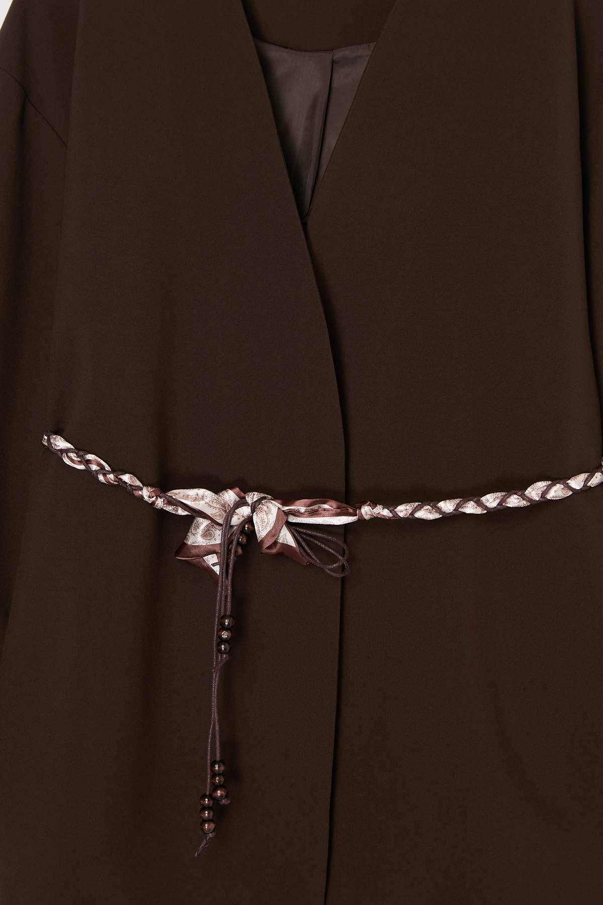 Collarless Belted Relaxed Fit Long Sleeve Jacket