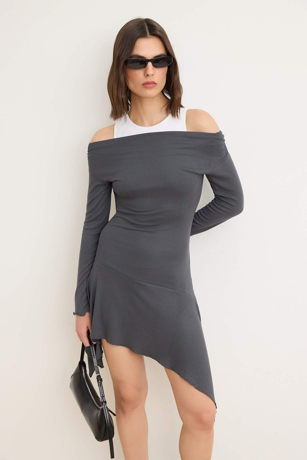 Regular Asymmetric Boat Neck Long Sleeve Mini Soft Touch Dress