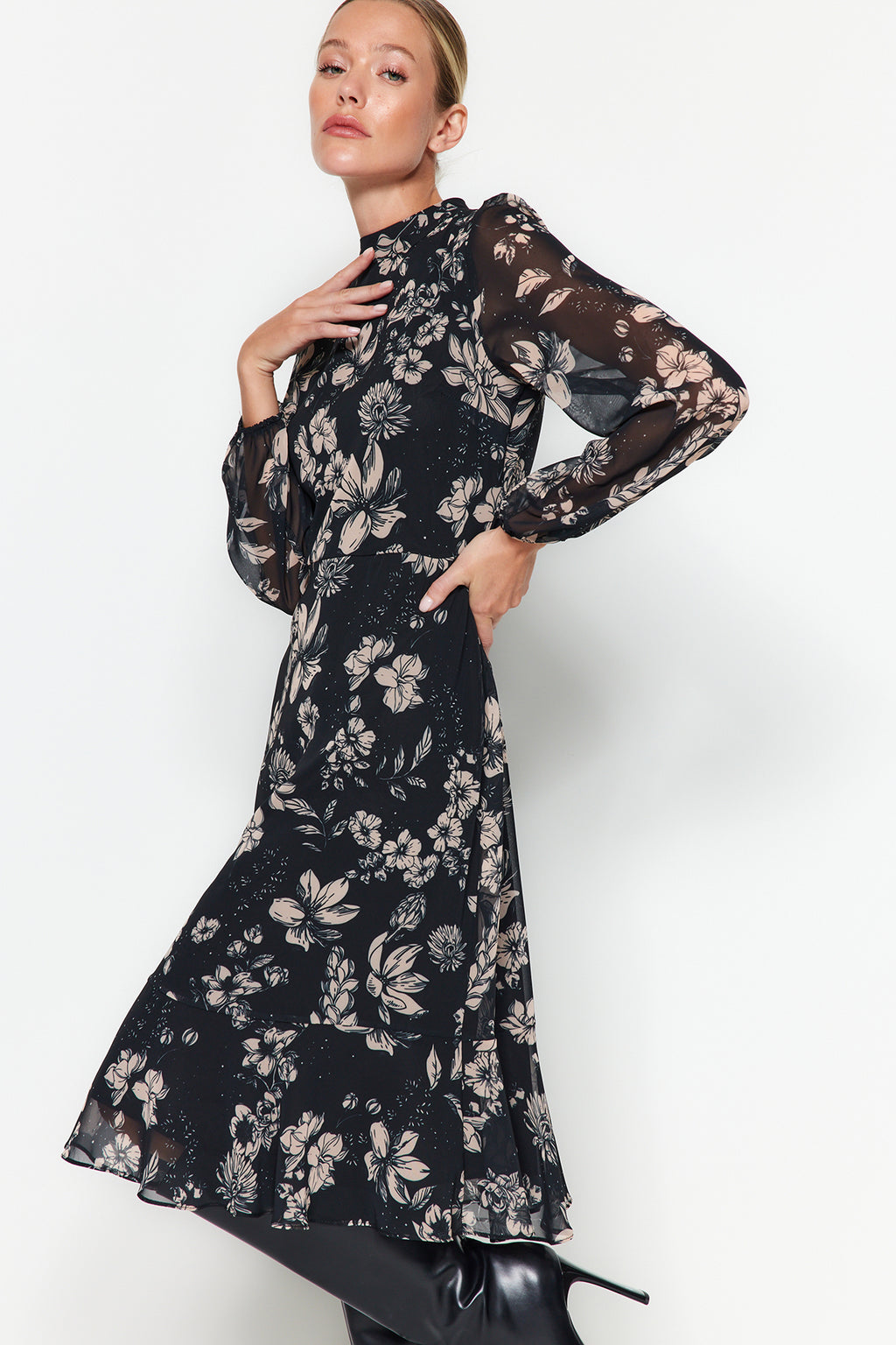 High Neck Long Sleeve Tiered Midi Dress