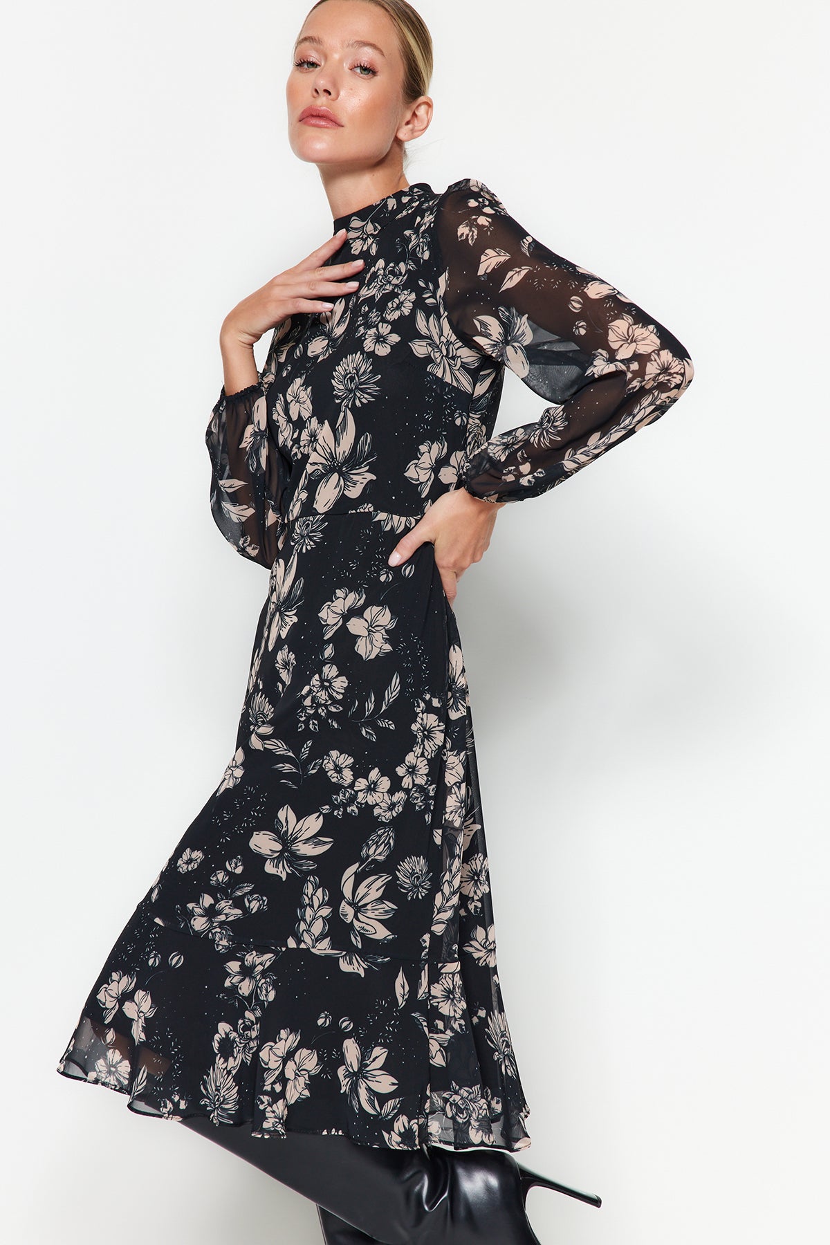 High Neck Long Sleeve Tiered Midi Dress