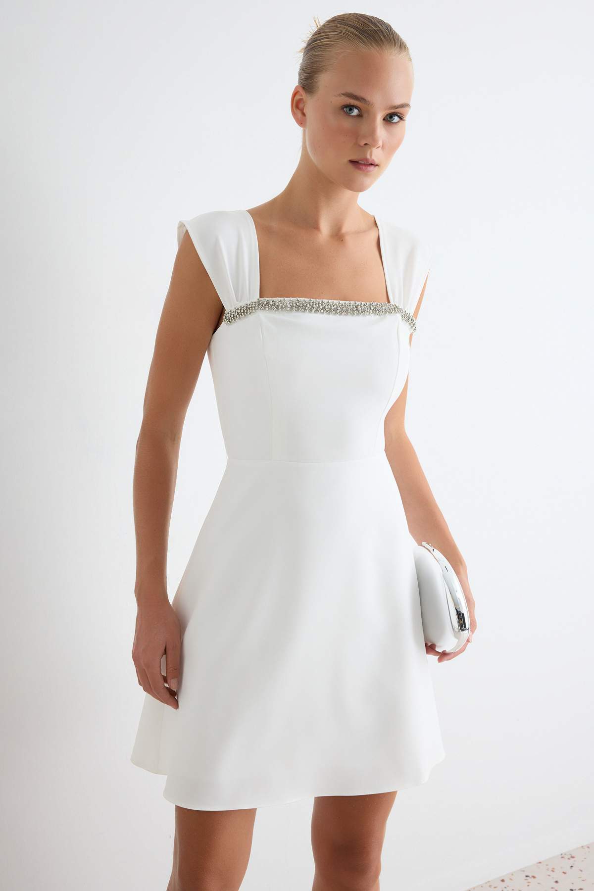 Square Neck Stone Embellished Short Sleeve A-Line Mini Dress
