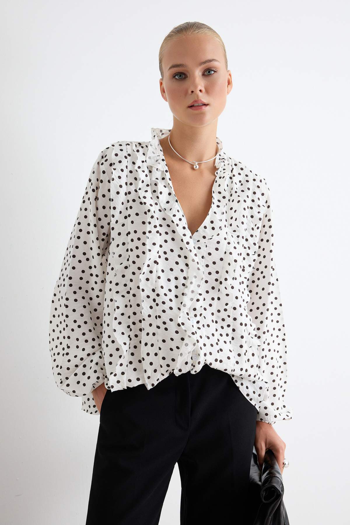 V Neck Long Sleeve Frill Detail Woven Shirt