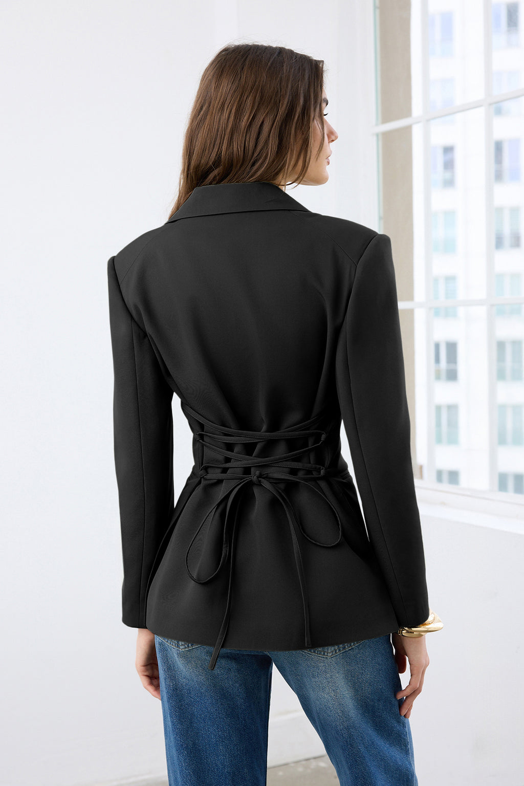 Back Tie Detail Fitted Woven Blazer Jacket