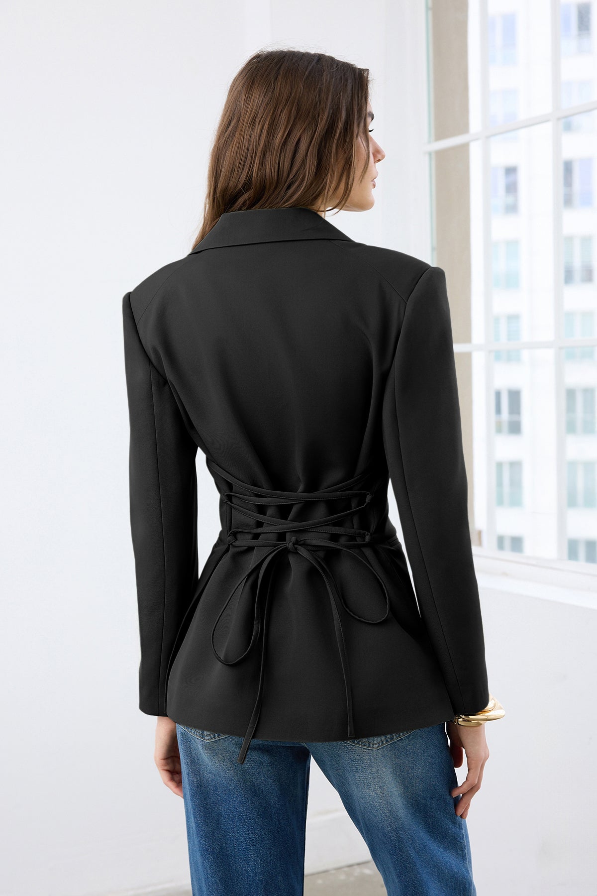Back Tie Detail Fitted Woven Blazer Jacket
