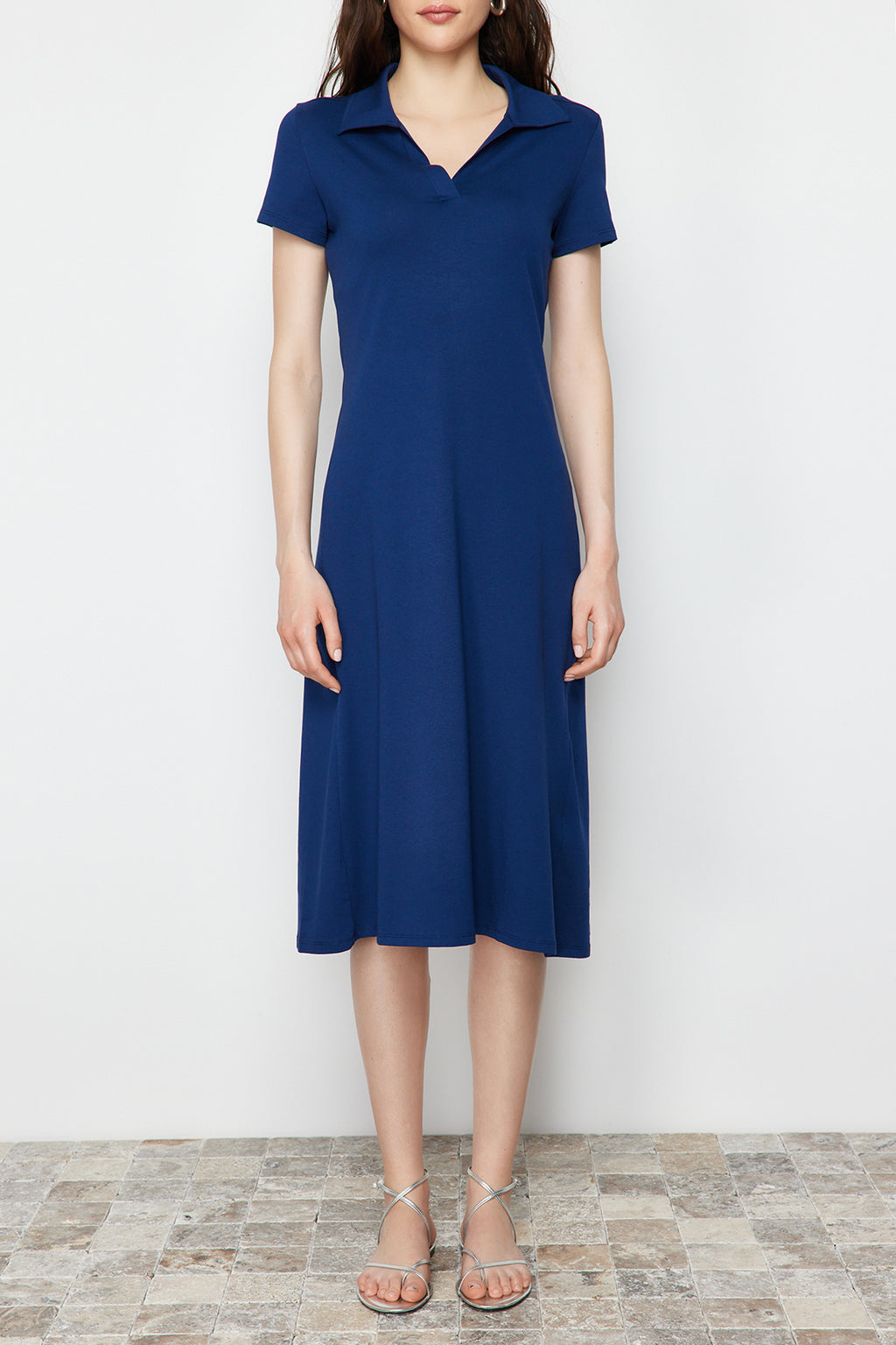 Polo Neck Short Sleeve Skater Midi Dress