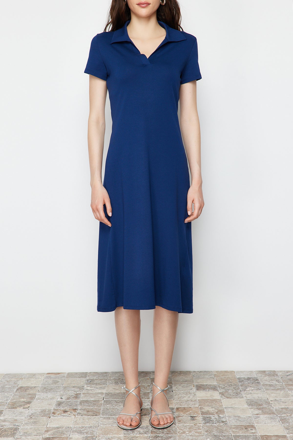 Polo Neck Short Sleeve Skater Midi Dress