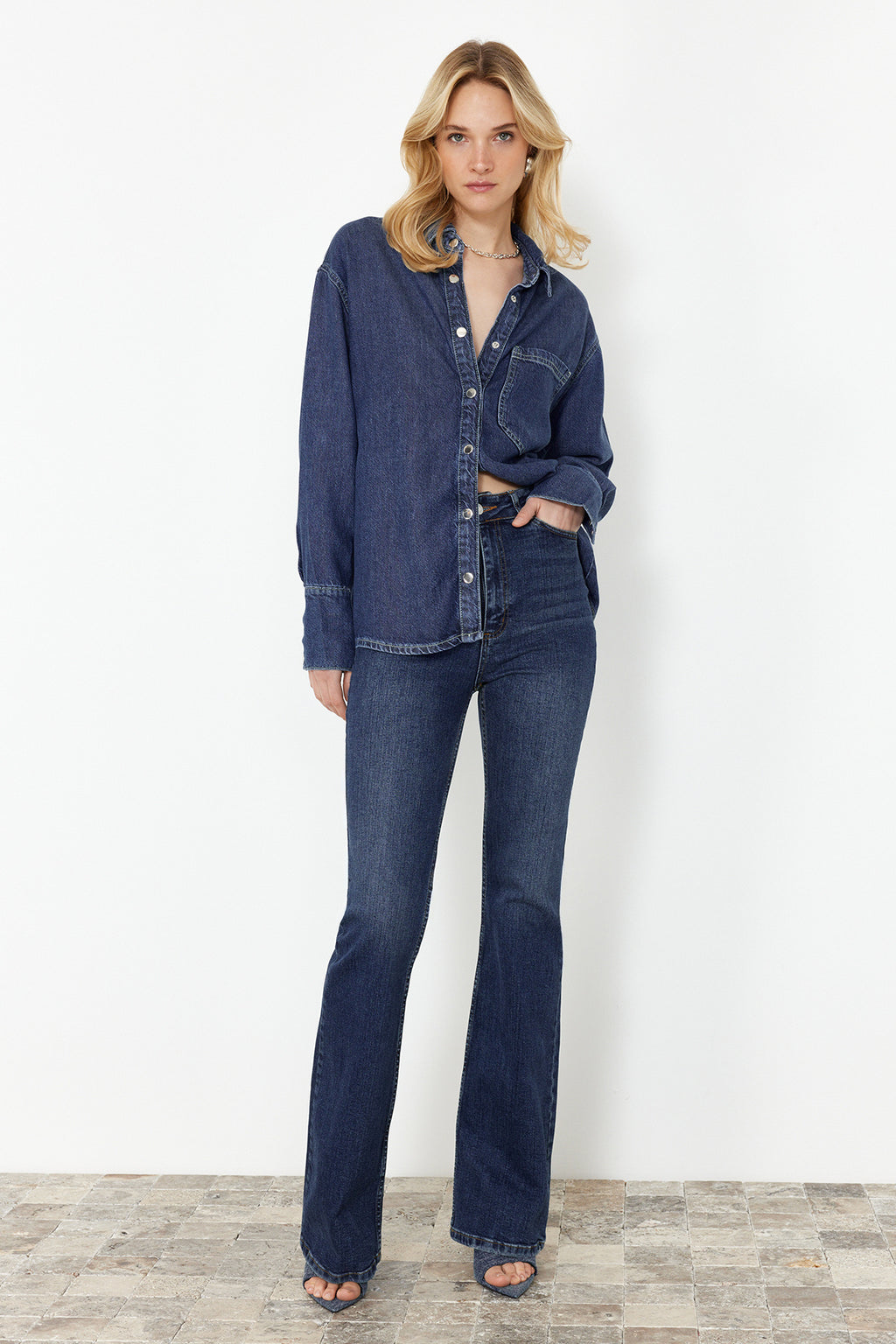 Oversize Long Sleeve Collared Denim Shirt