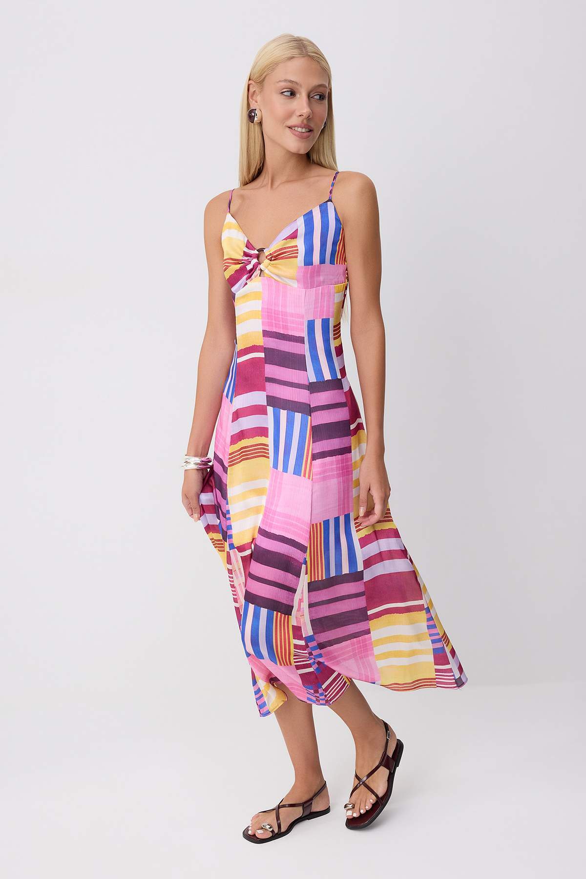 V Neck Sleeveless Slip Midi Satin Dress