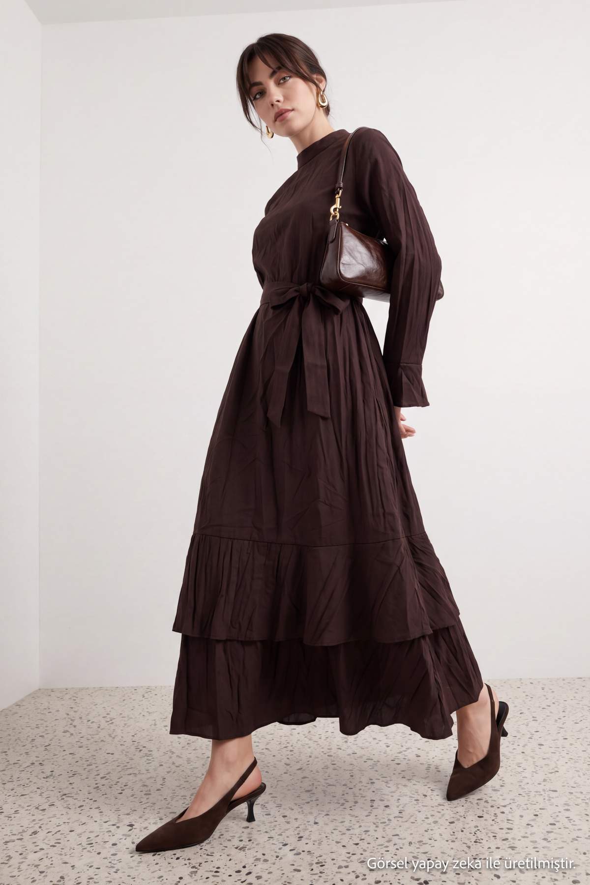 High Neck Long Sleeve A-Line Maxi Dress