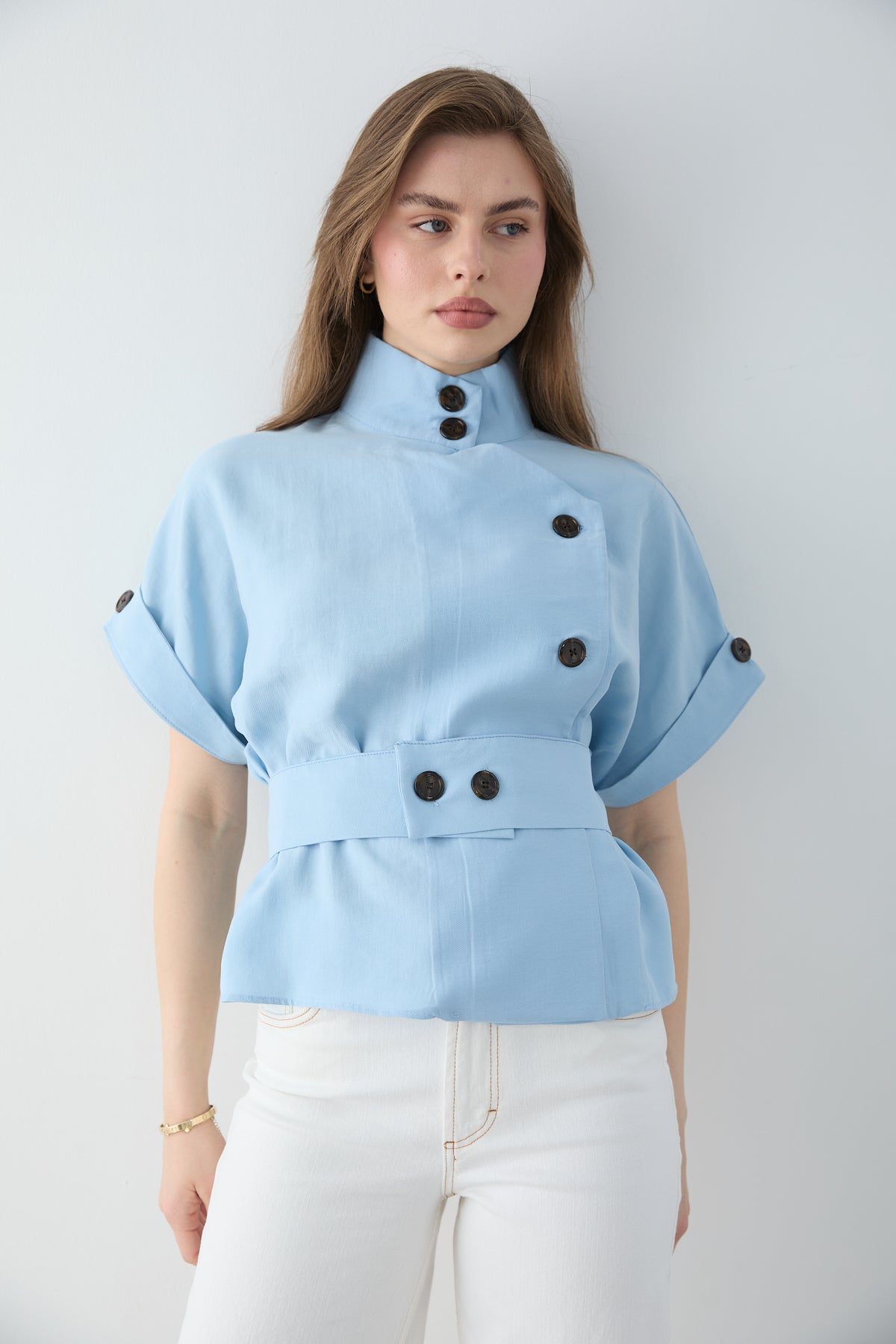Lyocell Blend Short Sleeve Relaxed Fit Blouse Jacket